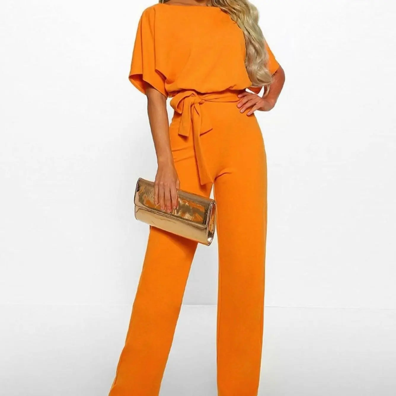 Women's Belted Wide-Leg Two-Piece Set Short-Sleeve Top - Orange
