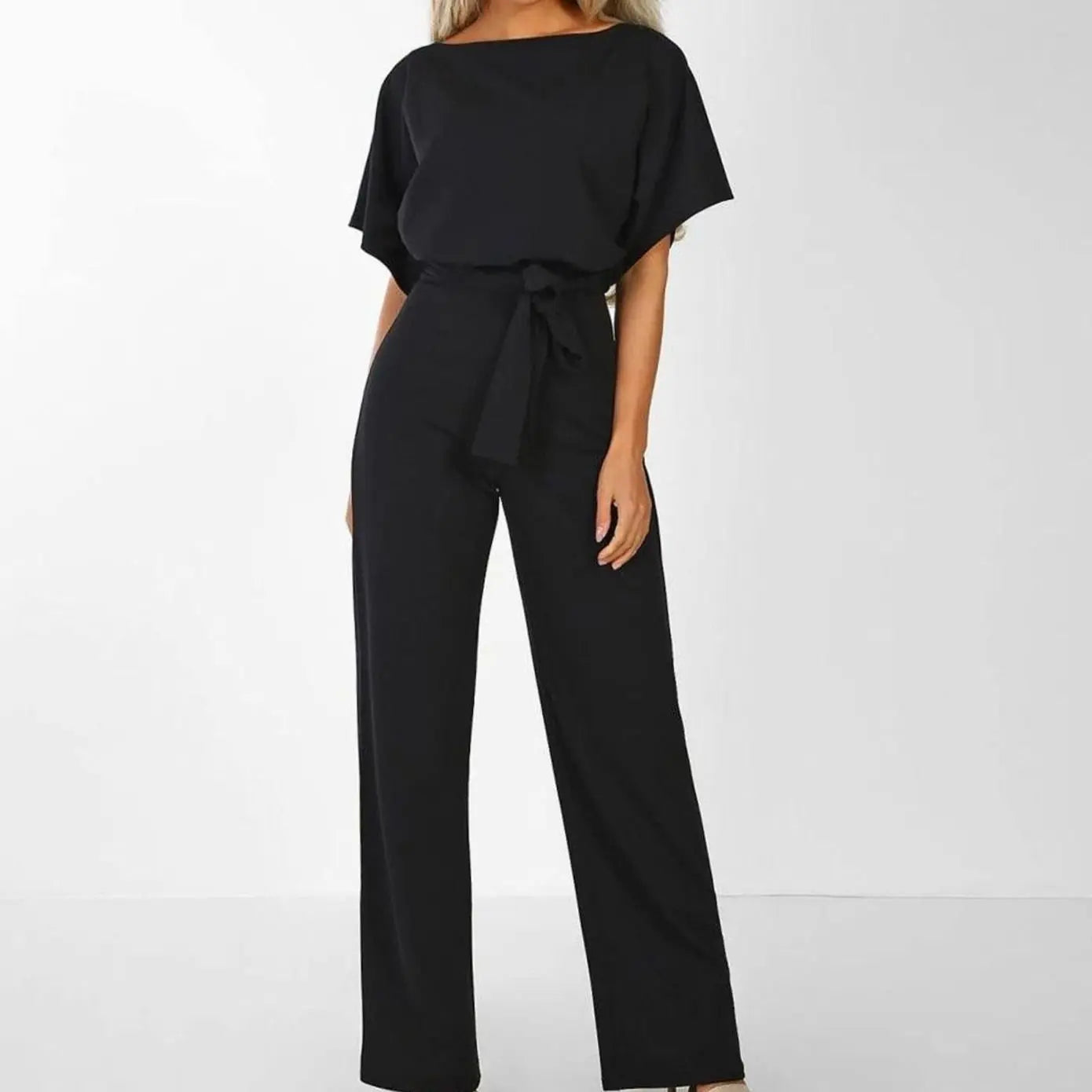 Women's Belted Wide-Leg Two-Piece Set Short-Sleeve Top - Black