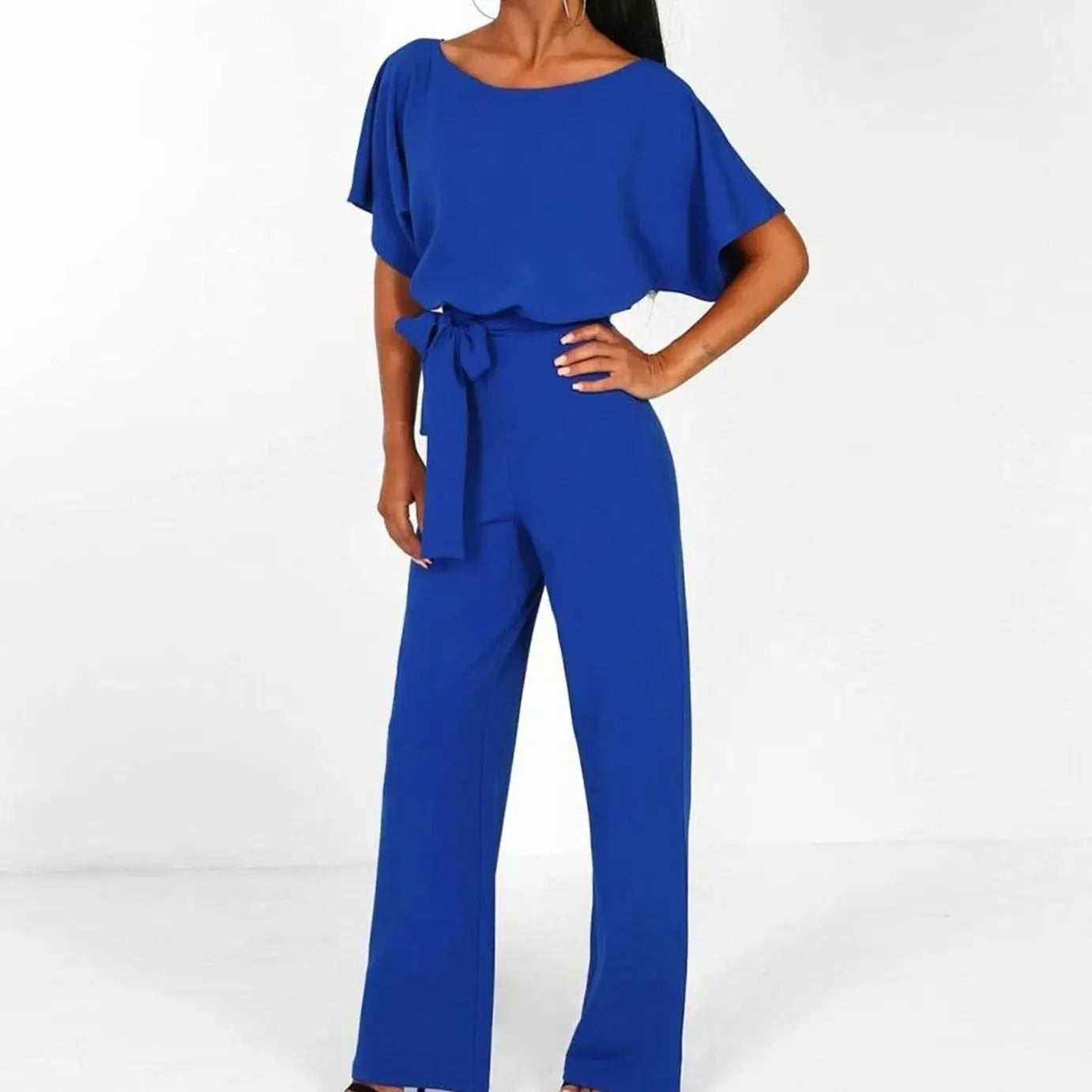 Women's Belted Wide-Leg Two-Piece Set Short-Sleeve Top - Blue