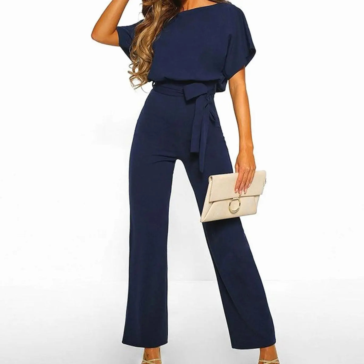Women's Belted Wide-Leg Two-Piece Set Short-Sleeve Top - Dark Blue
