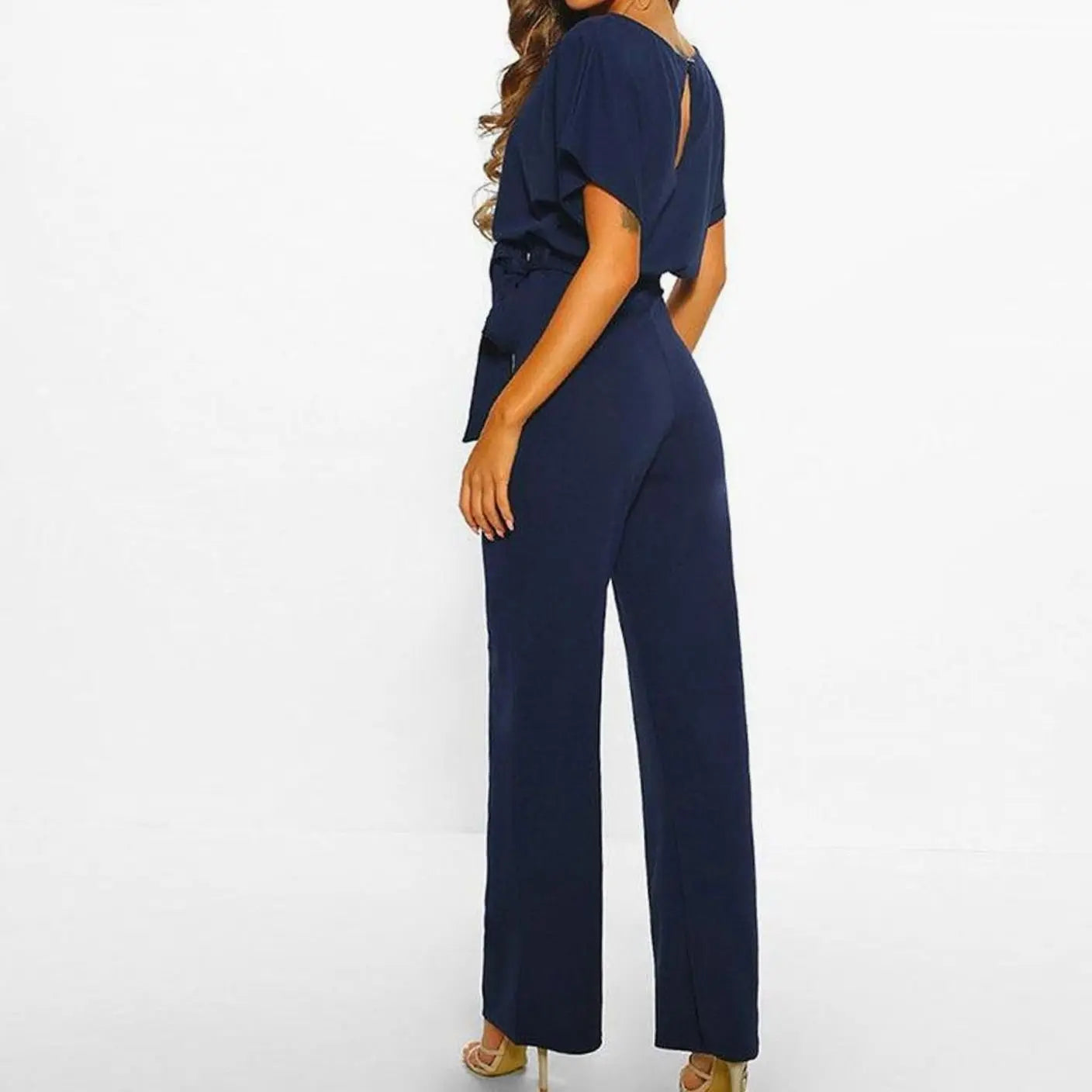 Women's Belted Wide-Leg Two-Piece Set Short-Sleeve Top
