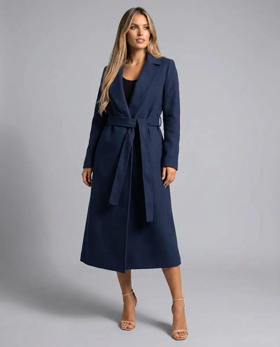 Women's Belted Wool-Blend Long-Line Trench Coat Lapel Overcoat