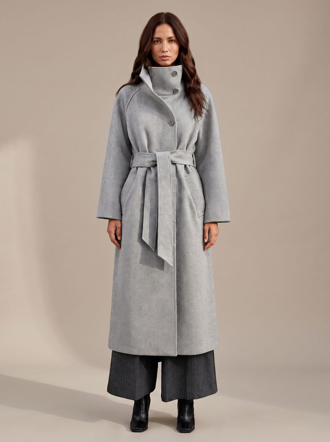 Women's Belted Wool Long Winter Coat Wide Structured Collar - Grey