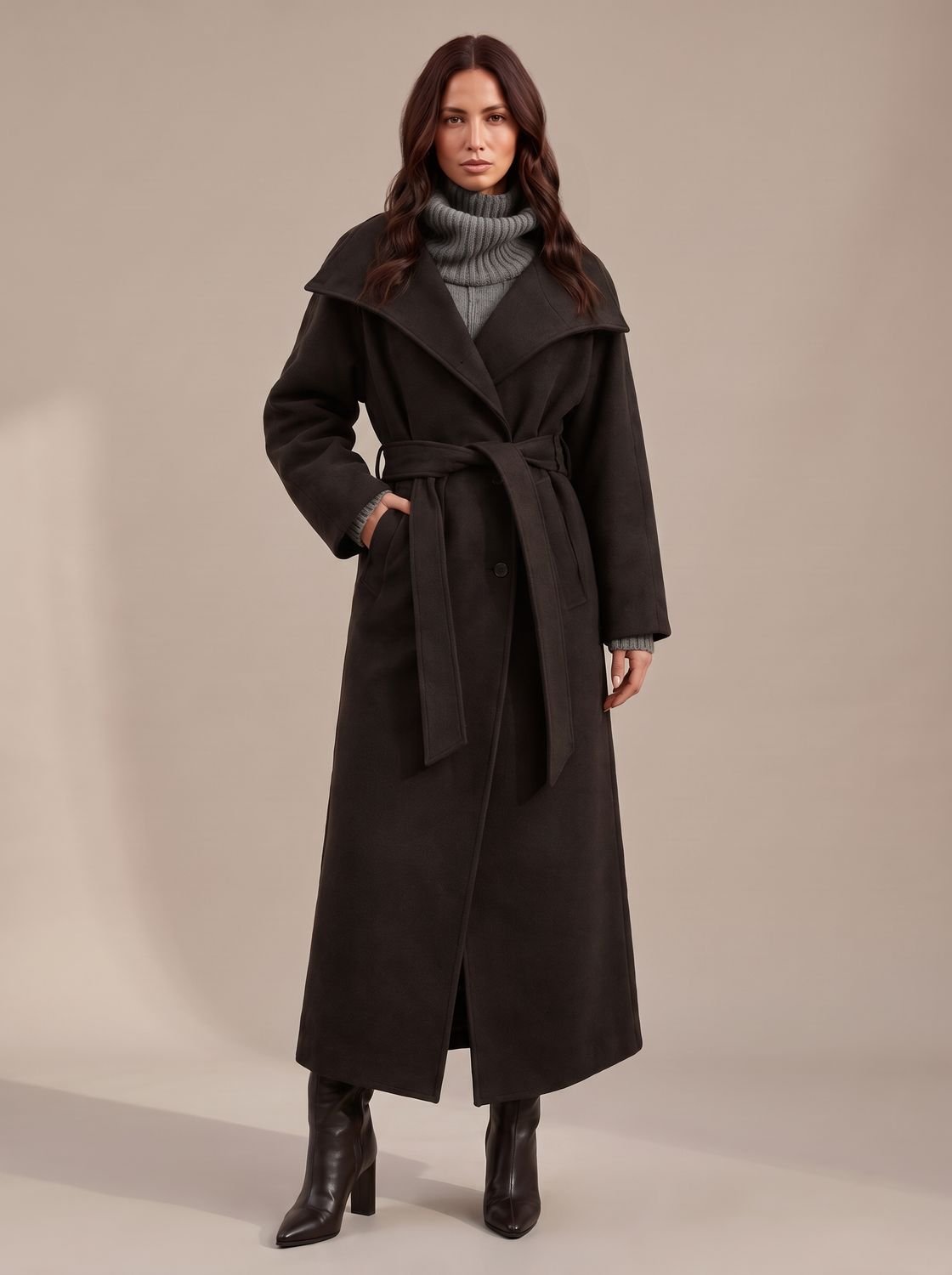 Women's Belted Wool Long Winter Coat Wide Structured Collar - Black