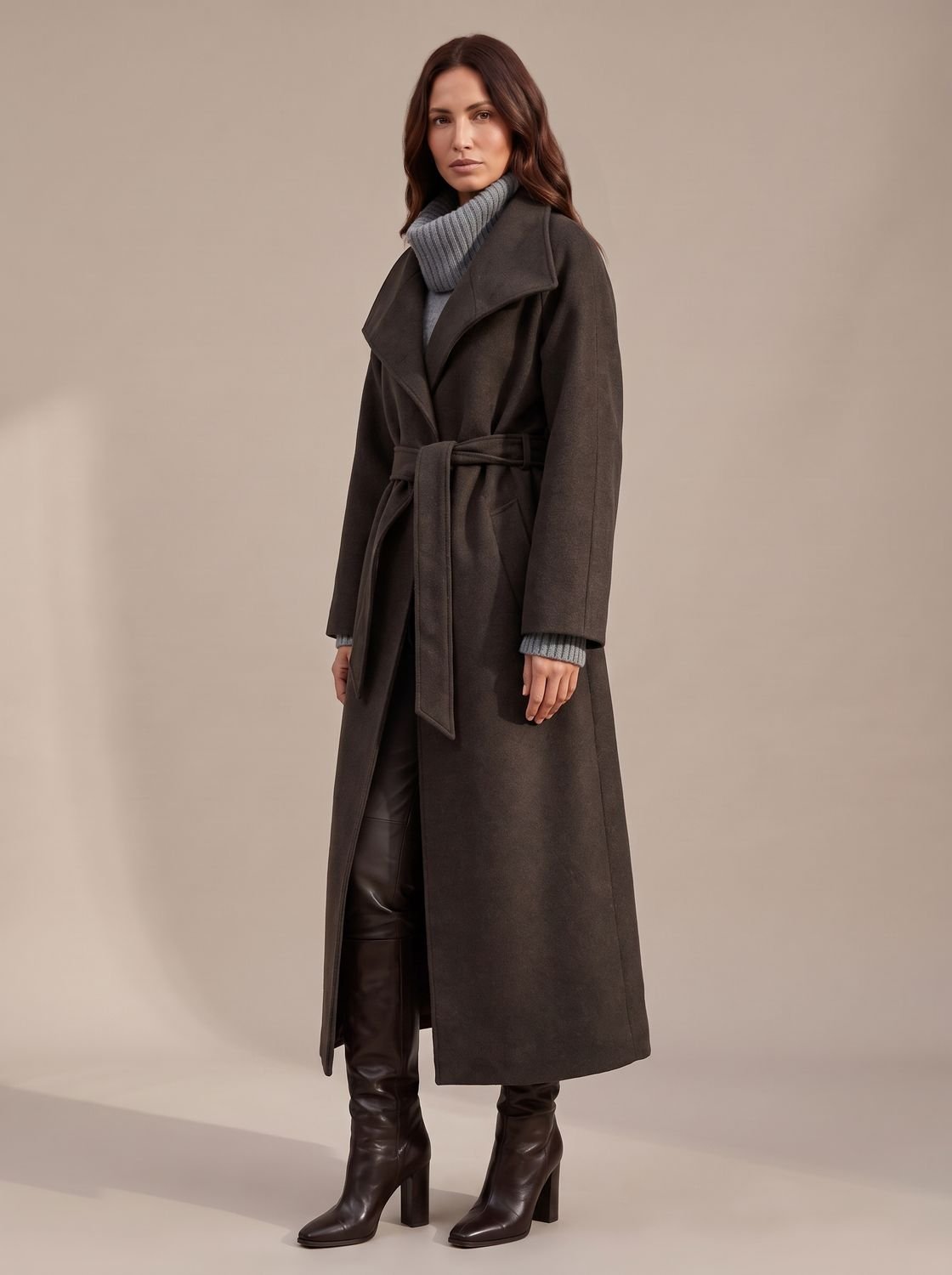 Women's Belted Wool Long Winter Coat Wide Structured Collar