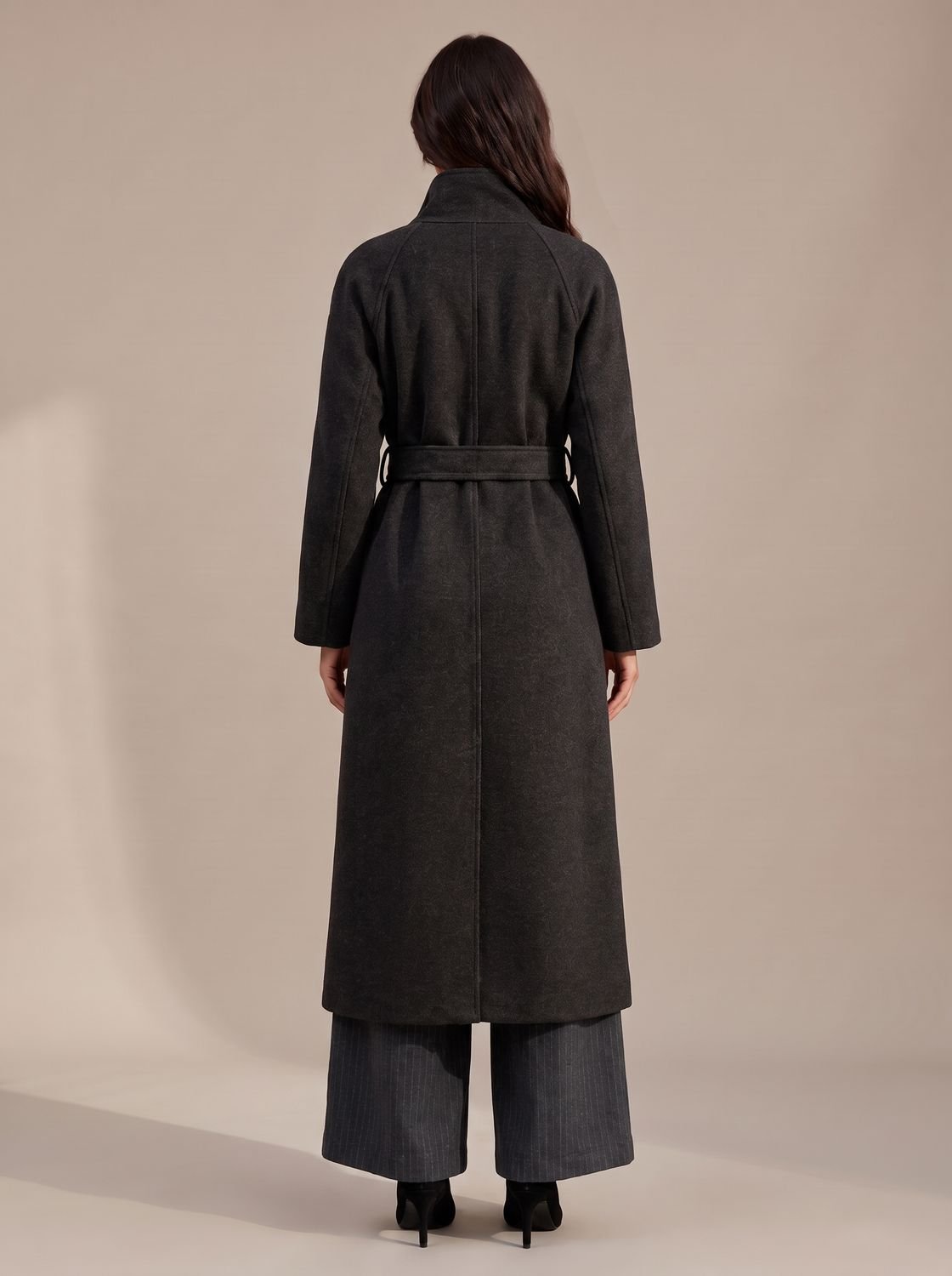 Women's Belted Wool Long Winter Coat Wide Structured Collar