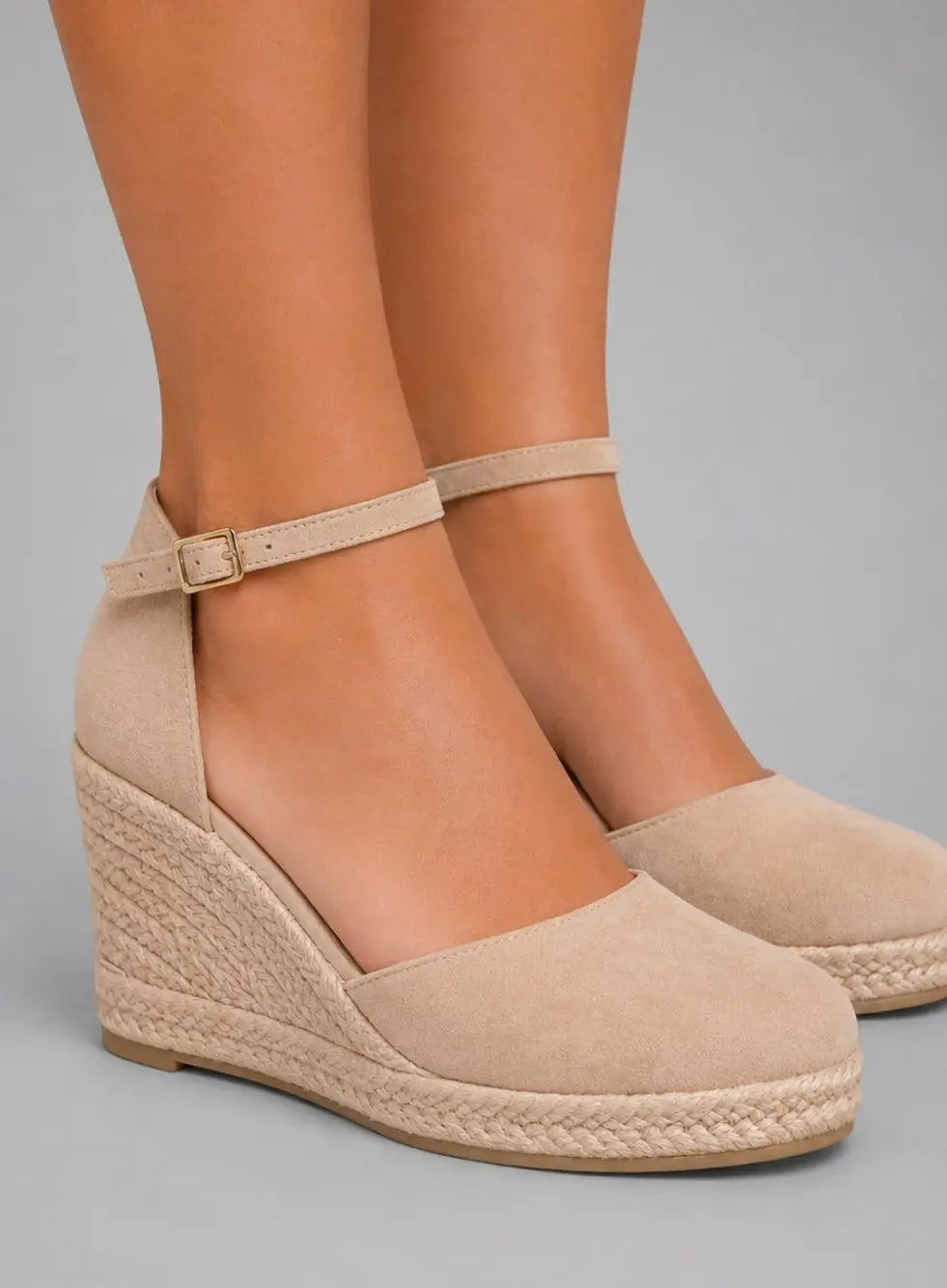 Women's Black Closed Toe Espadrille Wedge Sandals Ankle Strap - Beige