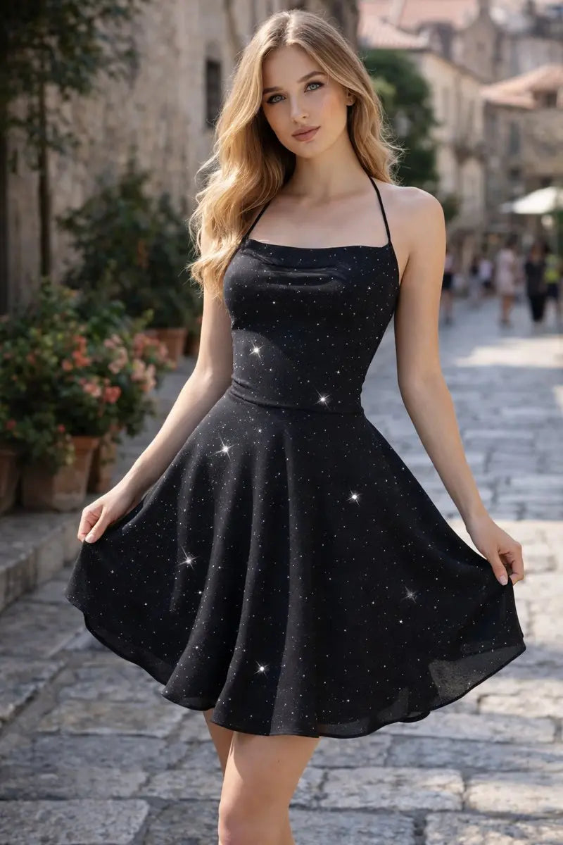 Women's Black Glitter Halter-Neck Skater Cocktail Dress