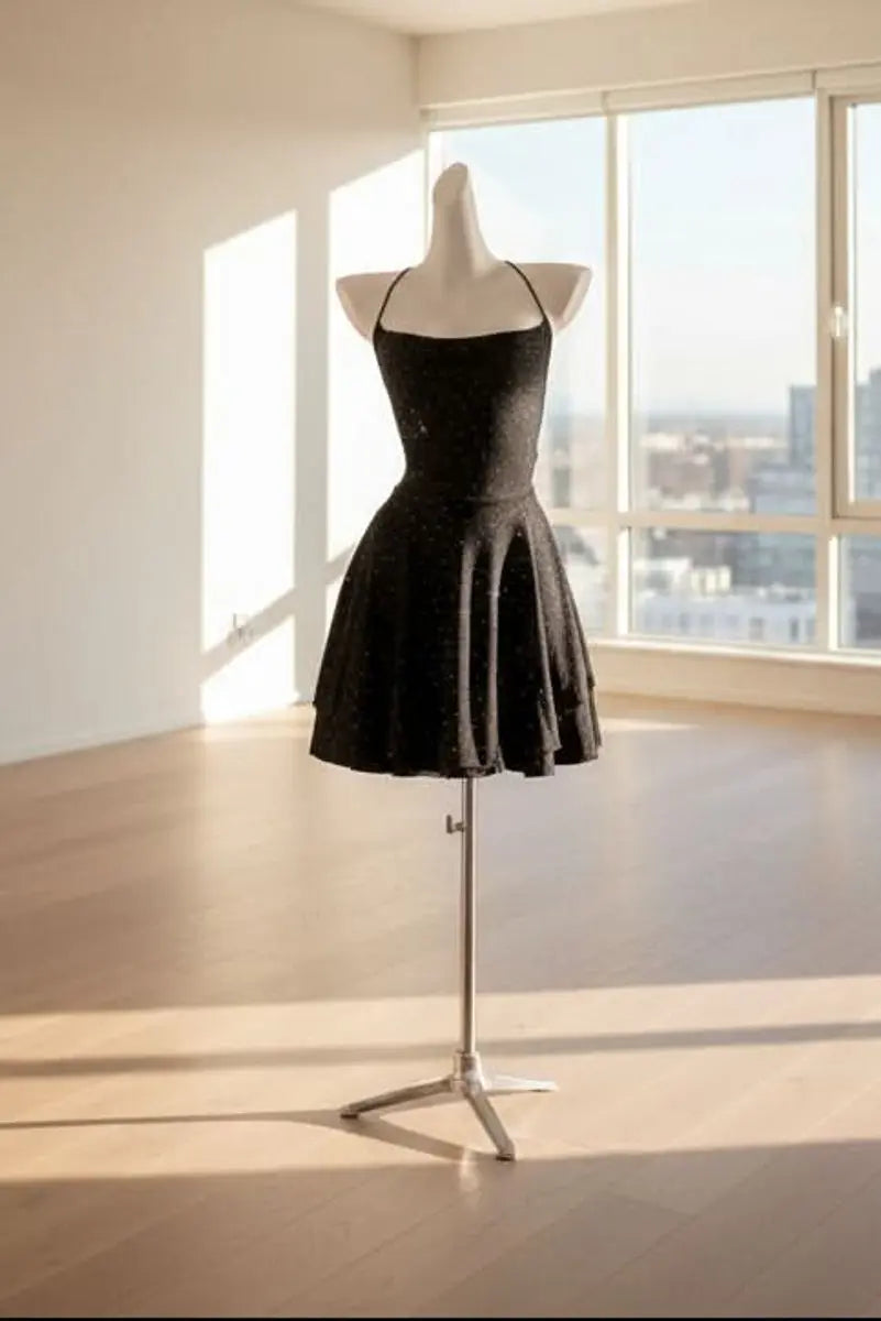 Women's Black Glitter Halter-Neck Skater Cocktail Dress