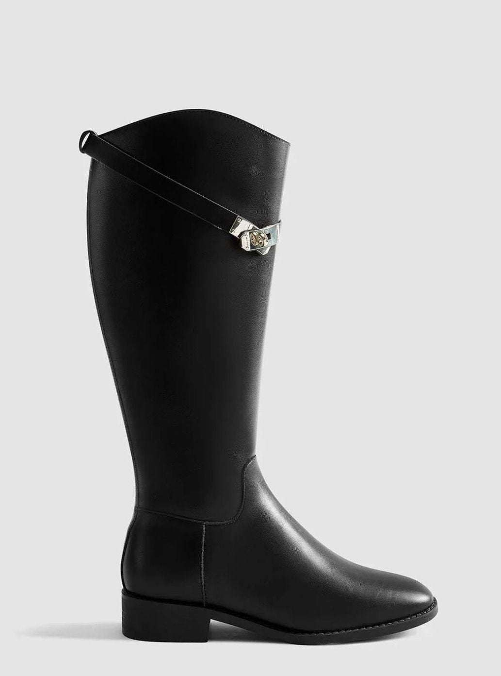Women's Black Leather Knee-High Flat Riding Boots Buckle Detail - Black