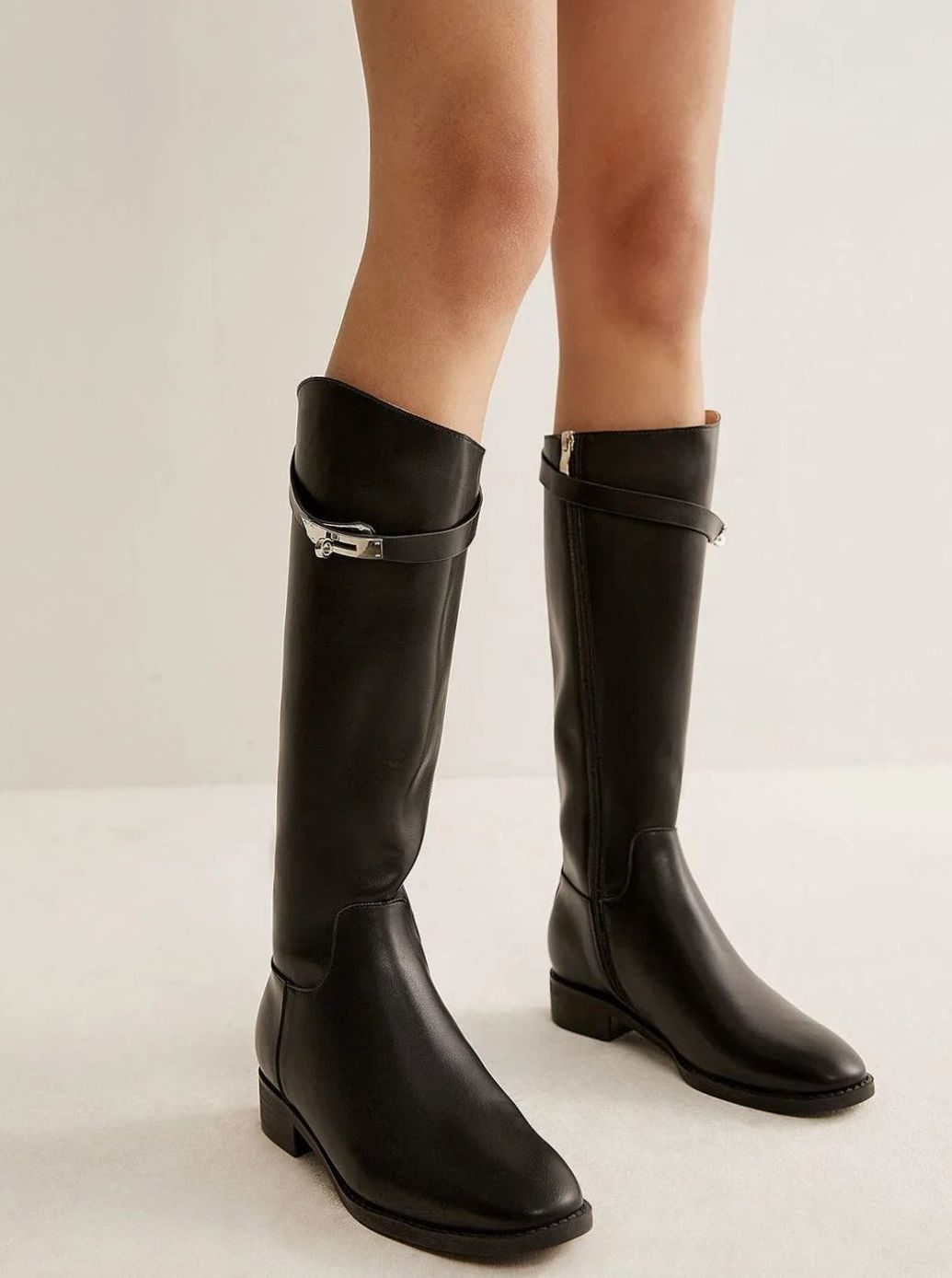 Women's Black Leather Knee-High Flat Riding Boots Buckle Detail