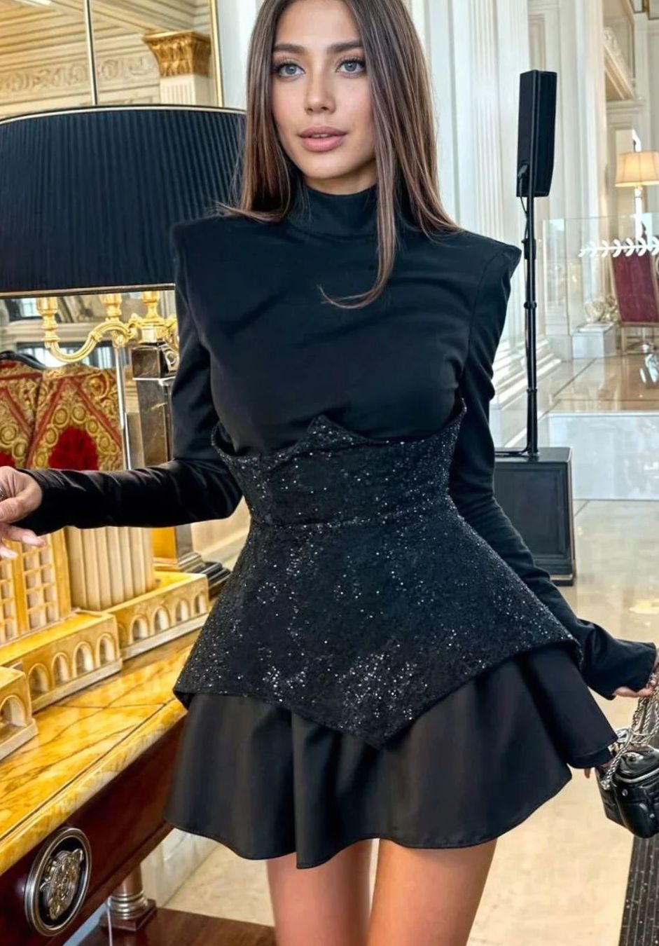 Women's Black Long-Sleeve Sequin Peplum Formal Mini Dress