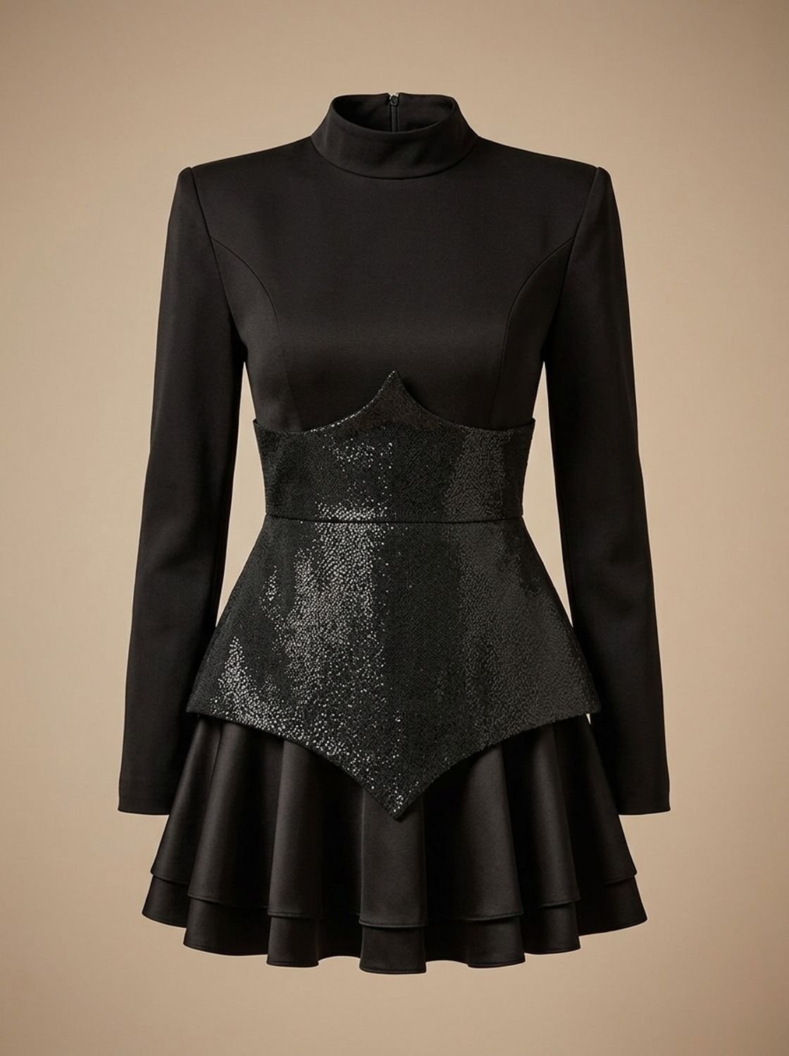 Women's Black Long-Sleeve Sequin Peplum Formal Mini Dress