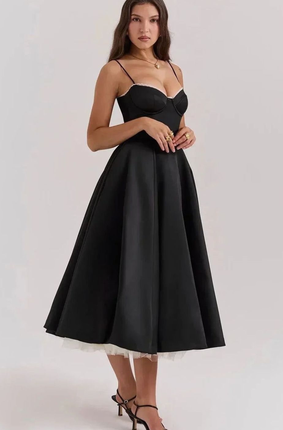 Women's Black Satin Bustier Party Dress Cream Tulle Midi
