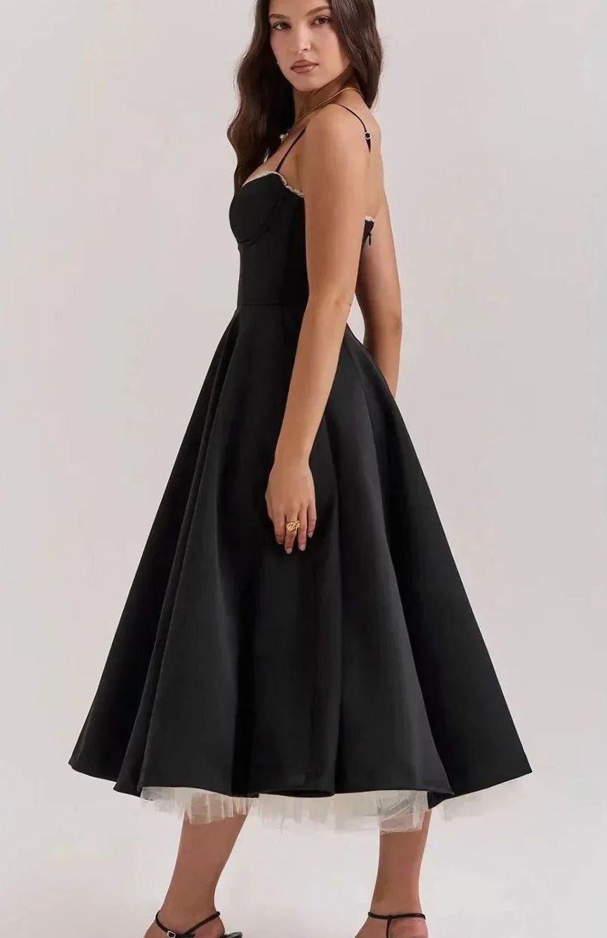 Women's Black Satin Bustier Party Dress Cream Tulle Midi