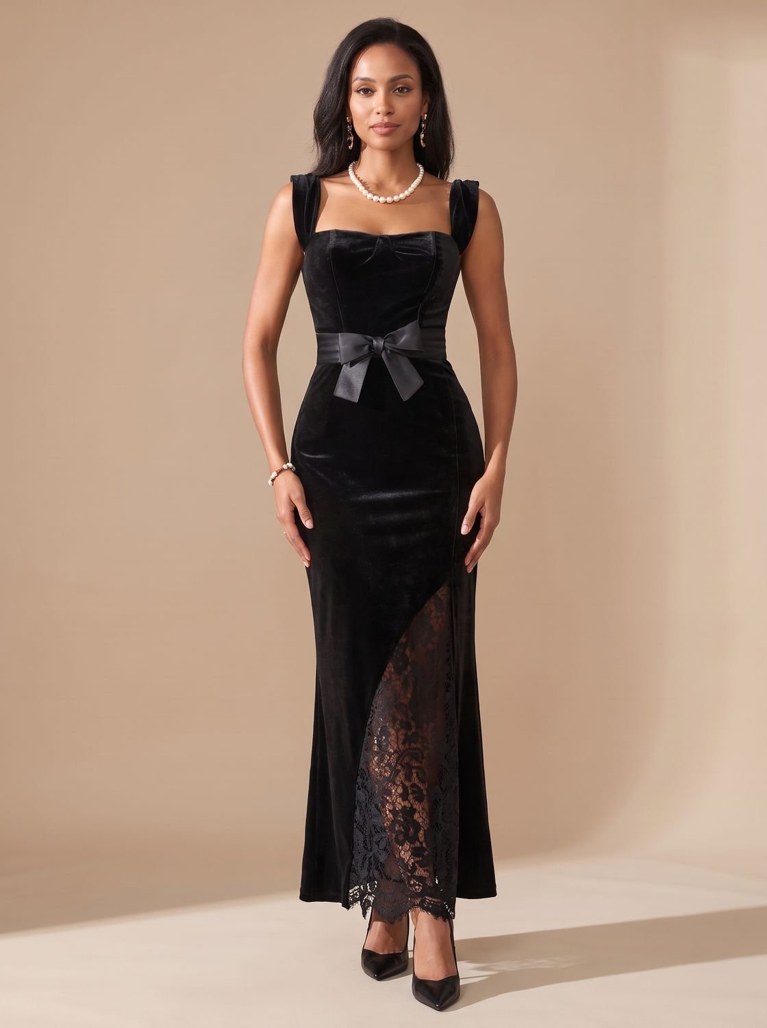 Women's Black Velvet Lace Bodycon Maxi Dress Bow Waist