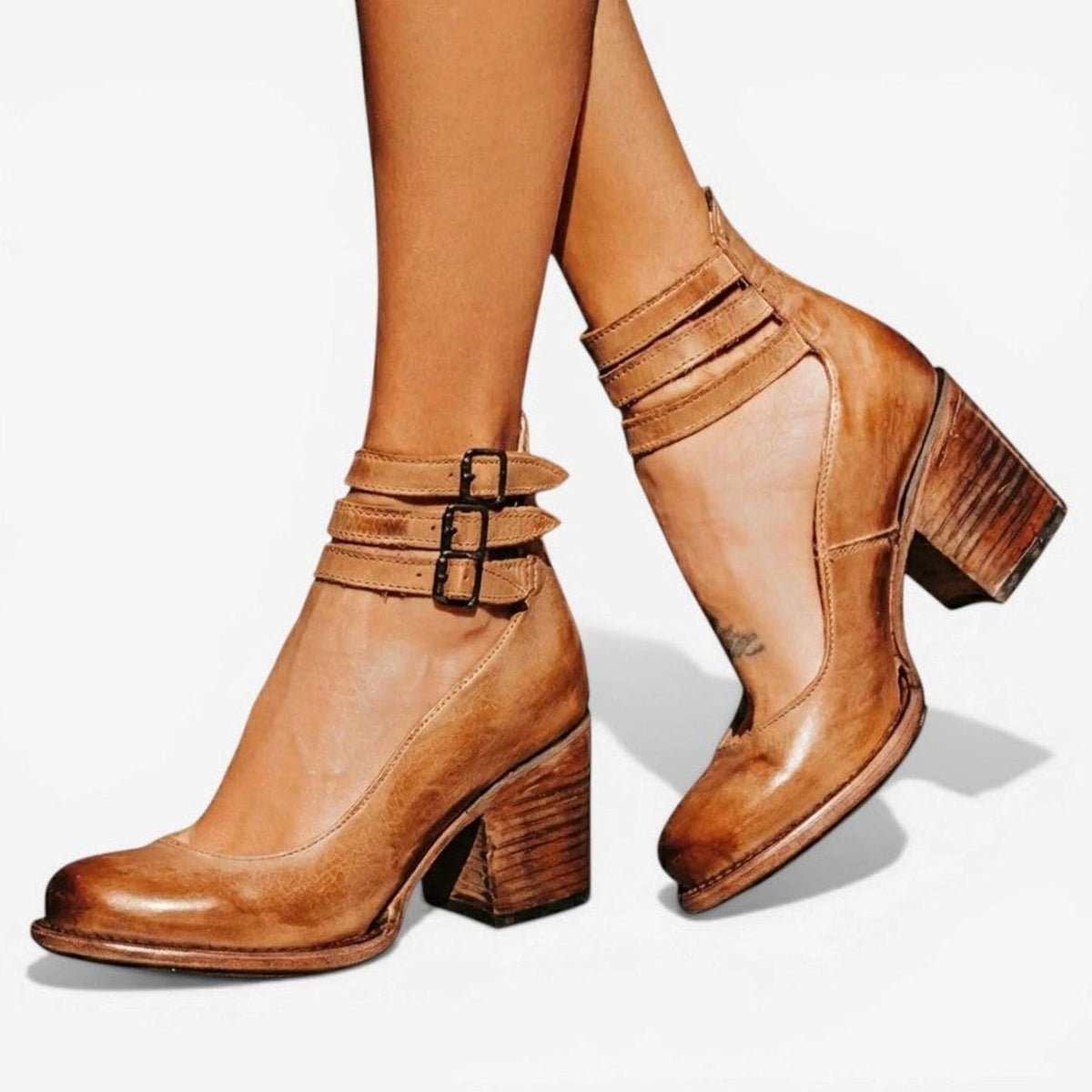 Women's Block Heel Ankle Boots Buckle Strap Heeled - Light Brown