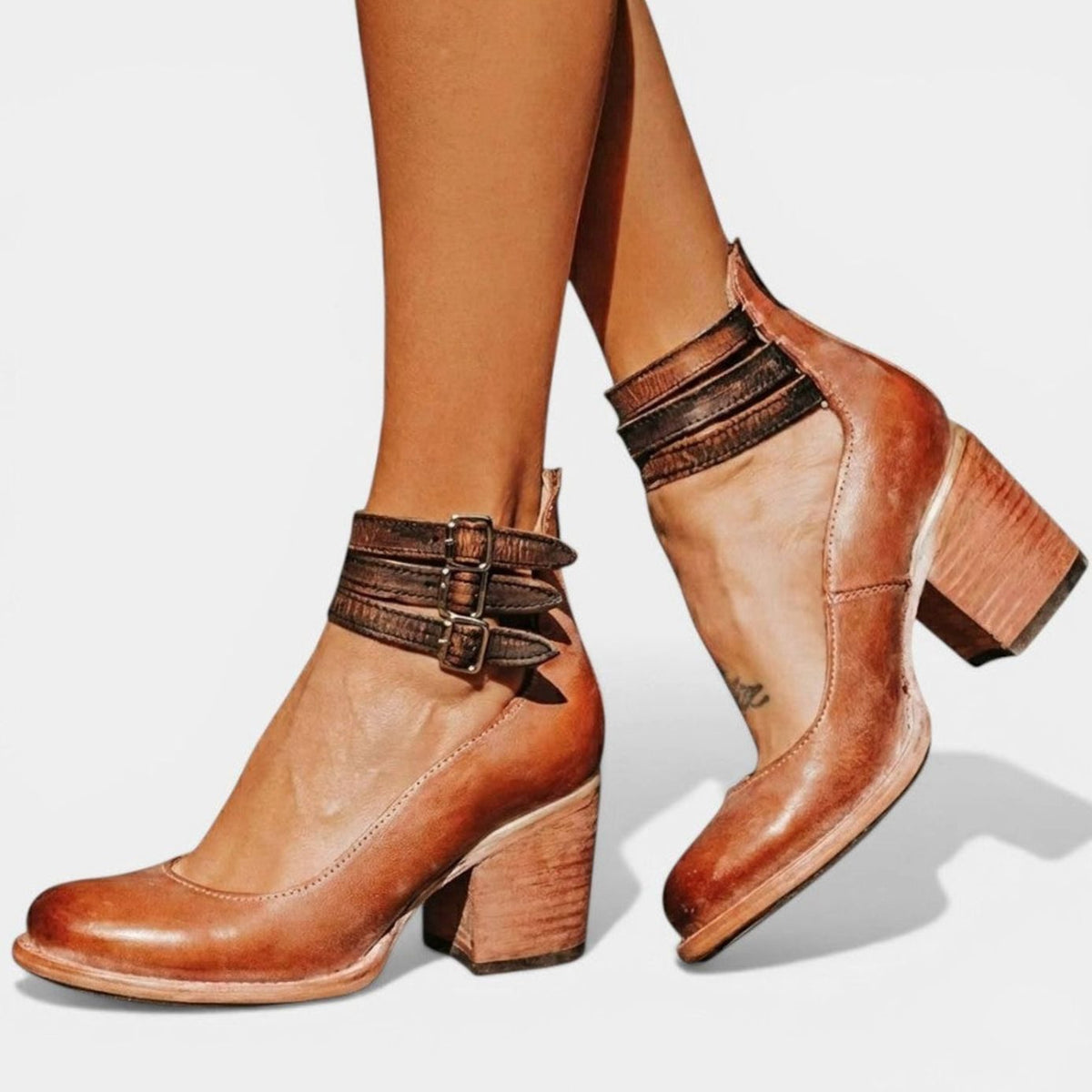 Women's Block Heel Ankle Boots Buckle Strap Heeled - Brown