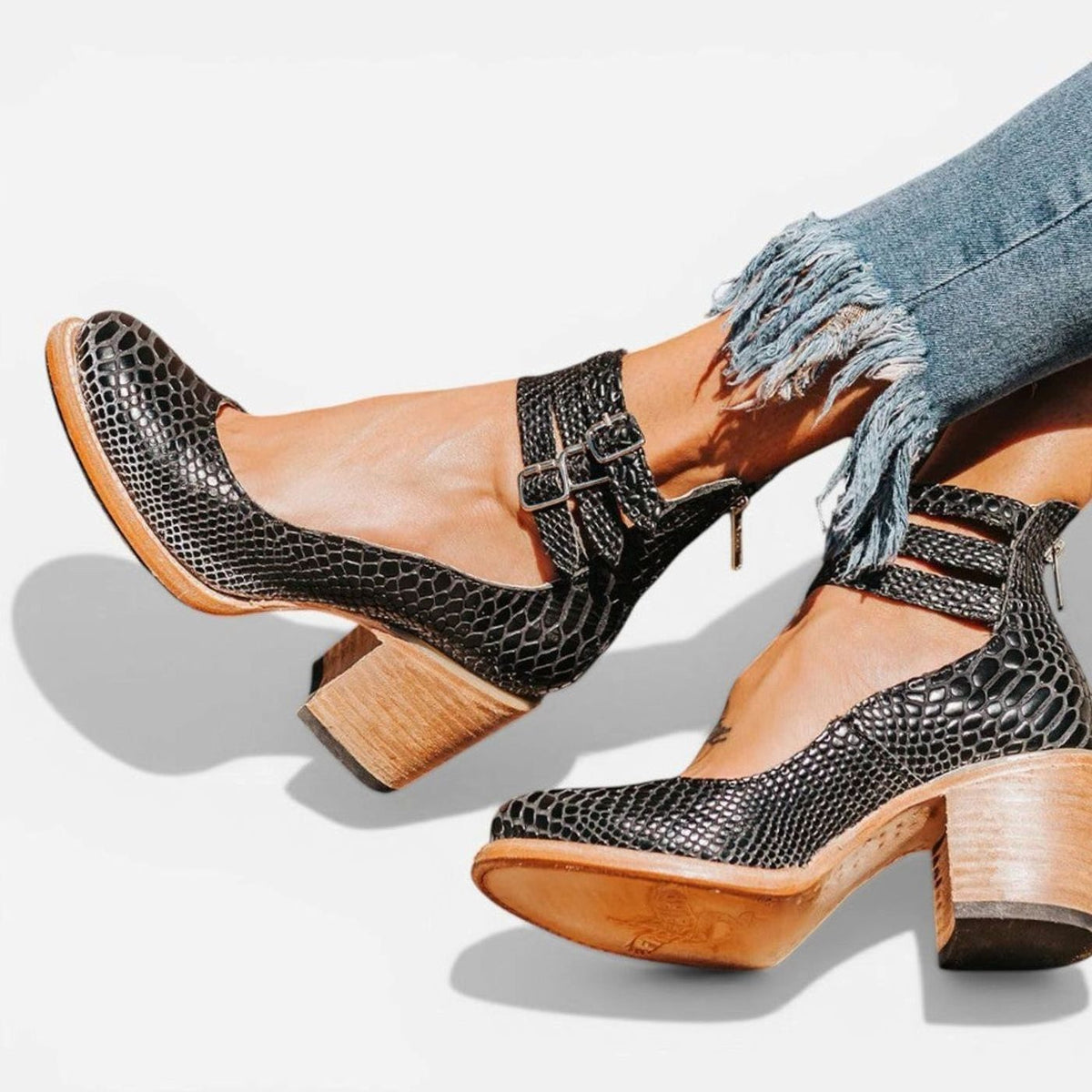 Women's Block Heel Ankle Boots Buckle Strap Heeled - Black