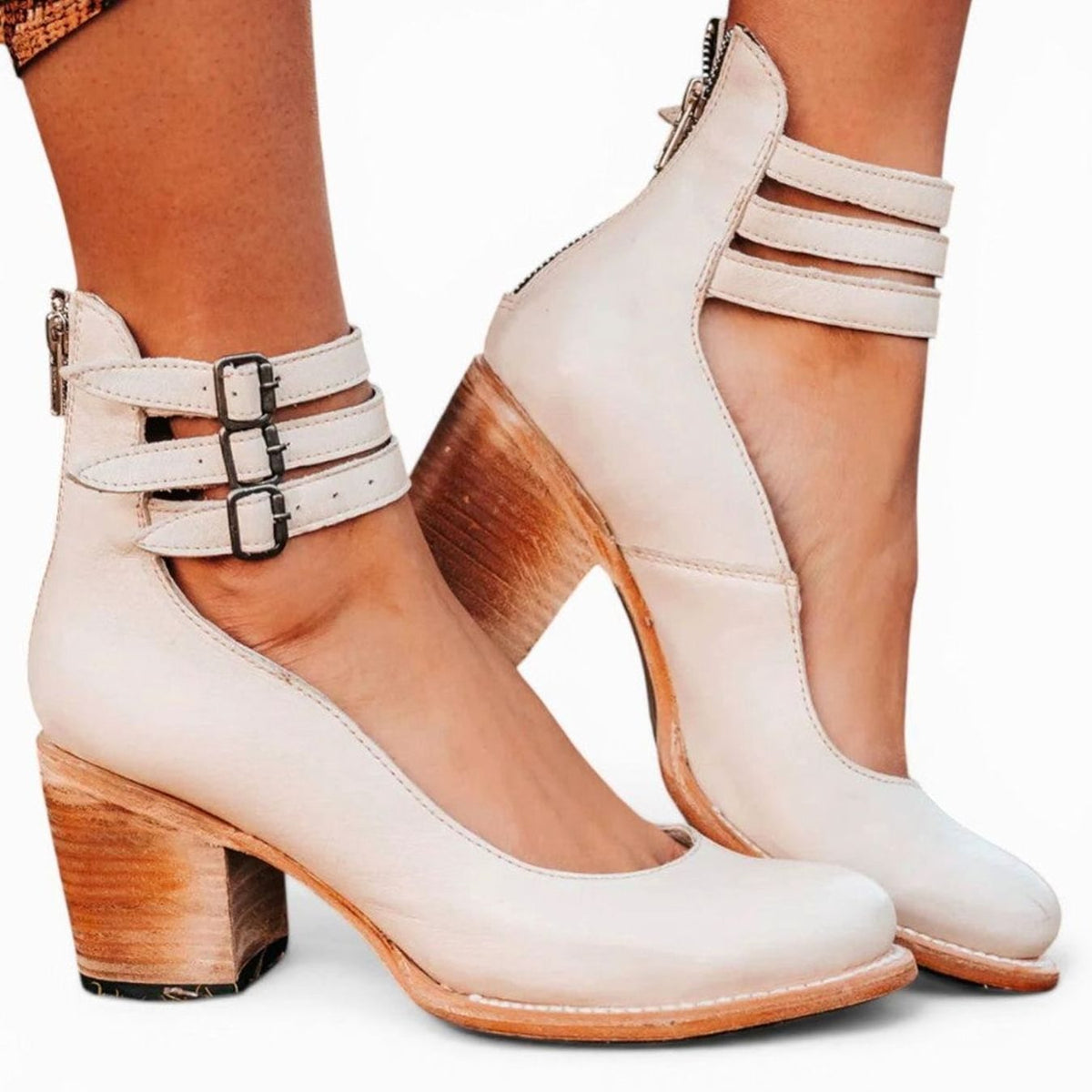 Women's Block Heel Ankle Boots Buckle Strap Heeled - White