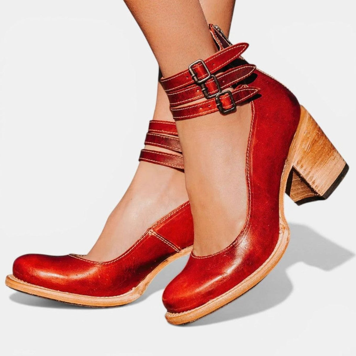 Women's Block Heel Ankle Boots Buckle Strap Heeled - Red
