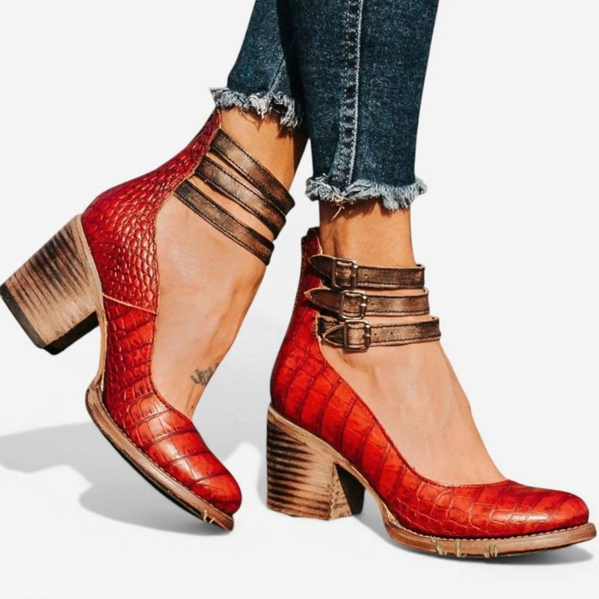 Women's Block Heel Ankle Boots Buckle Strap Heeled - Red Brown