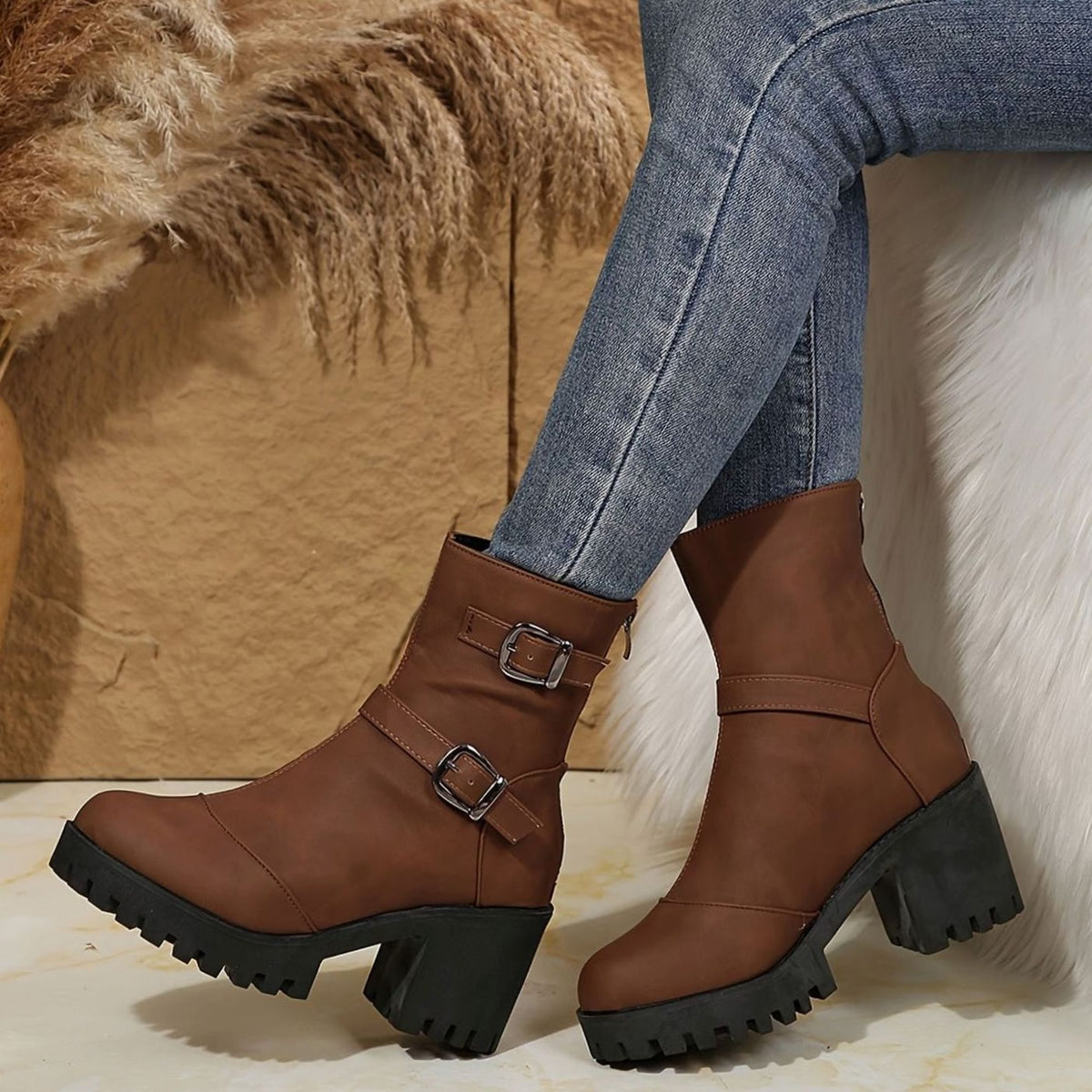 Women's Block Heel Double Buckle Ankle Boots - Dark Brown