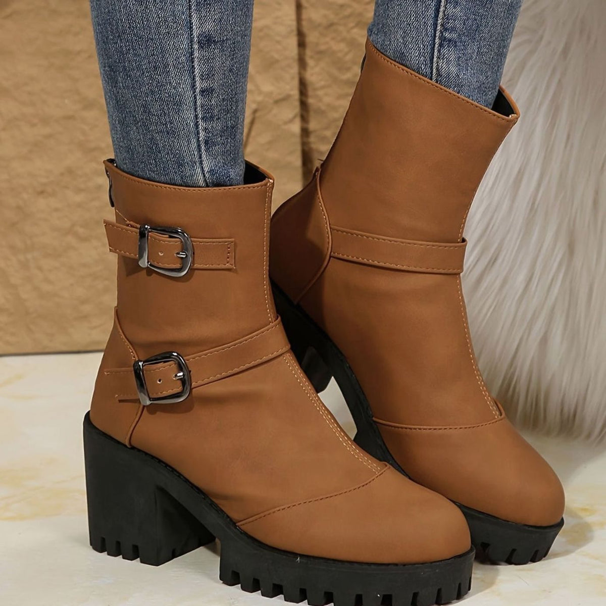 Women's Block Heel Double Buckle Ankle Boots