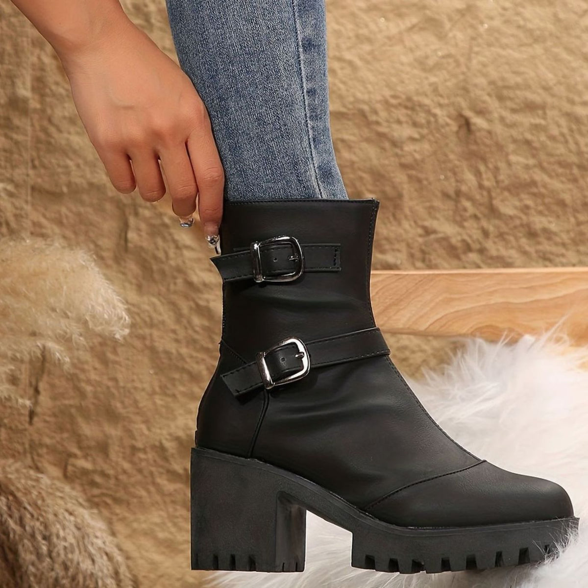 Women's Block Heel Double Buckle Ankle Boots
