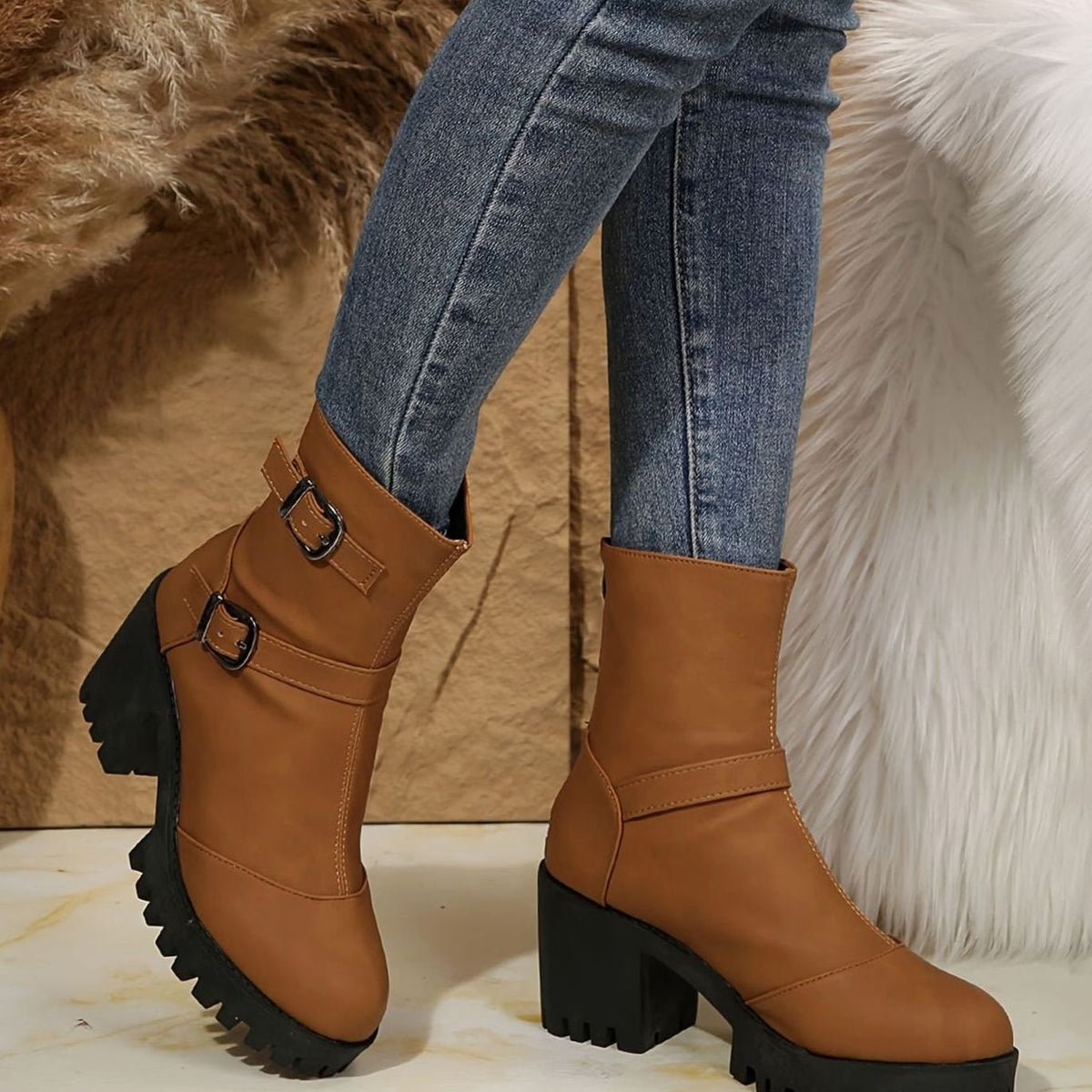 Women's Block Heel Double Buckle Ankle Boots
