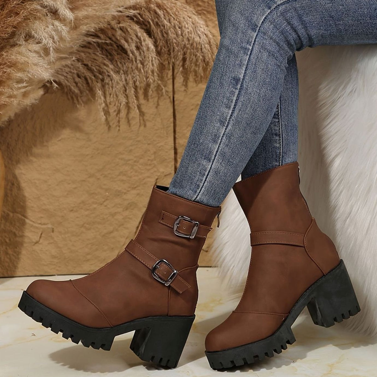 Women's Block Heel Double Buckle Ankle Boots