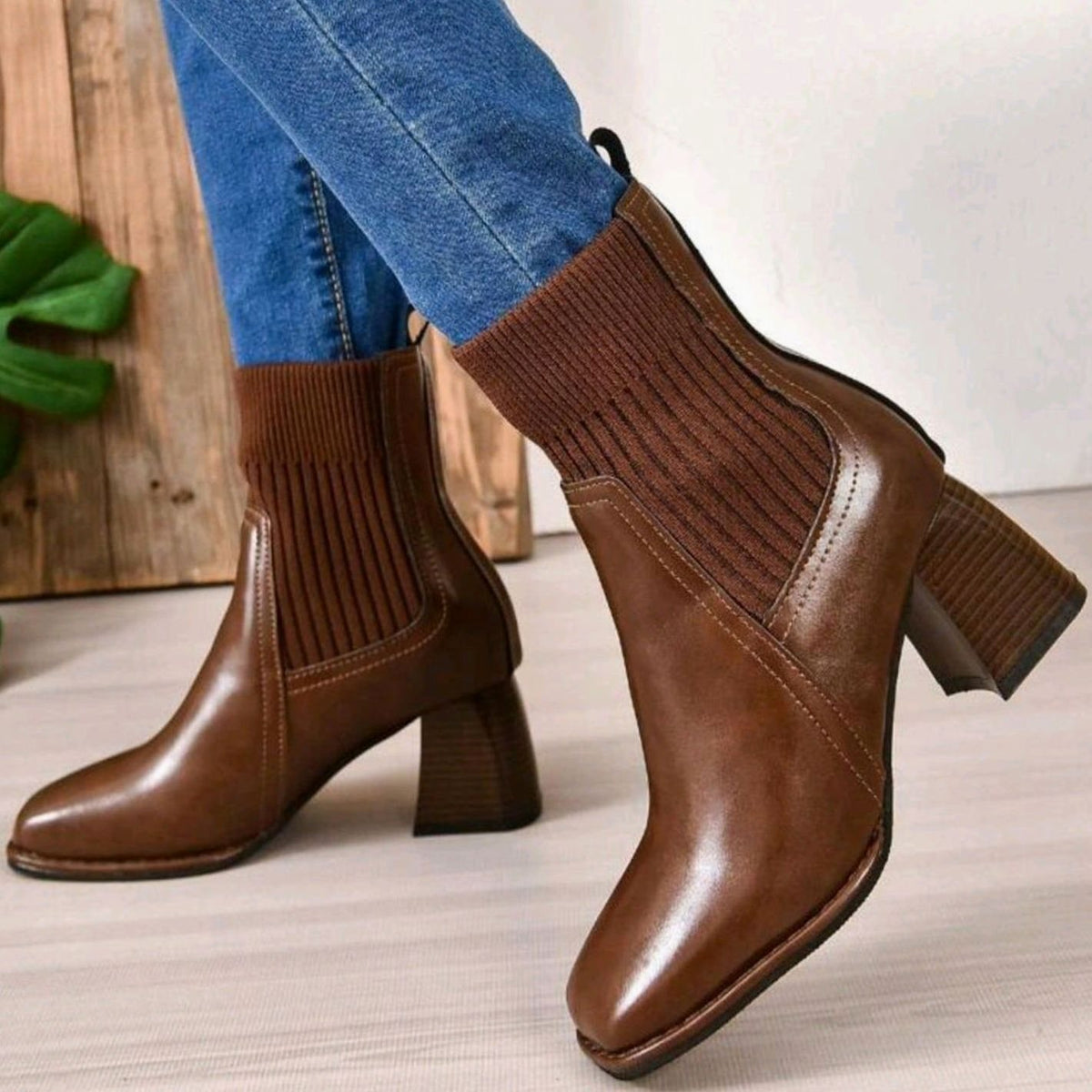 Women's Block-Heel Knit-Panel Slip-On Ankle Boots