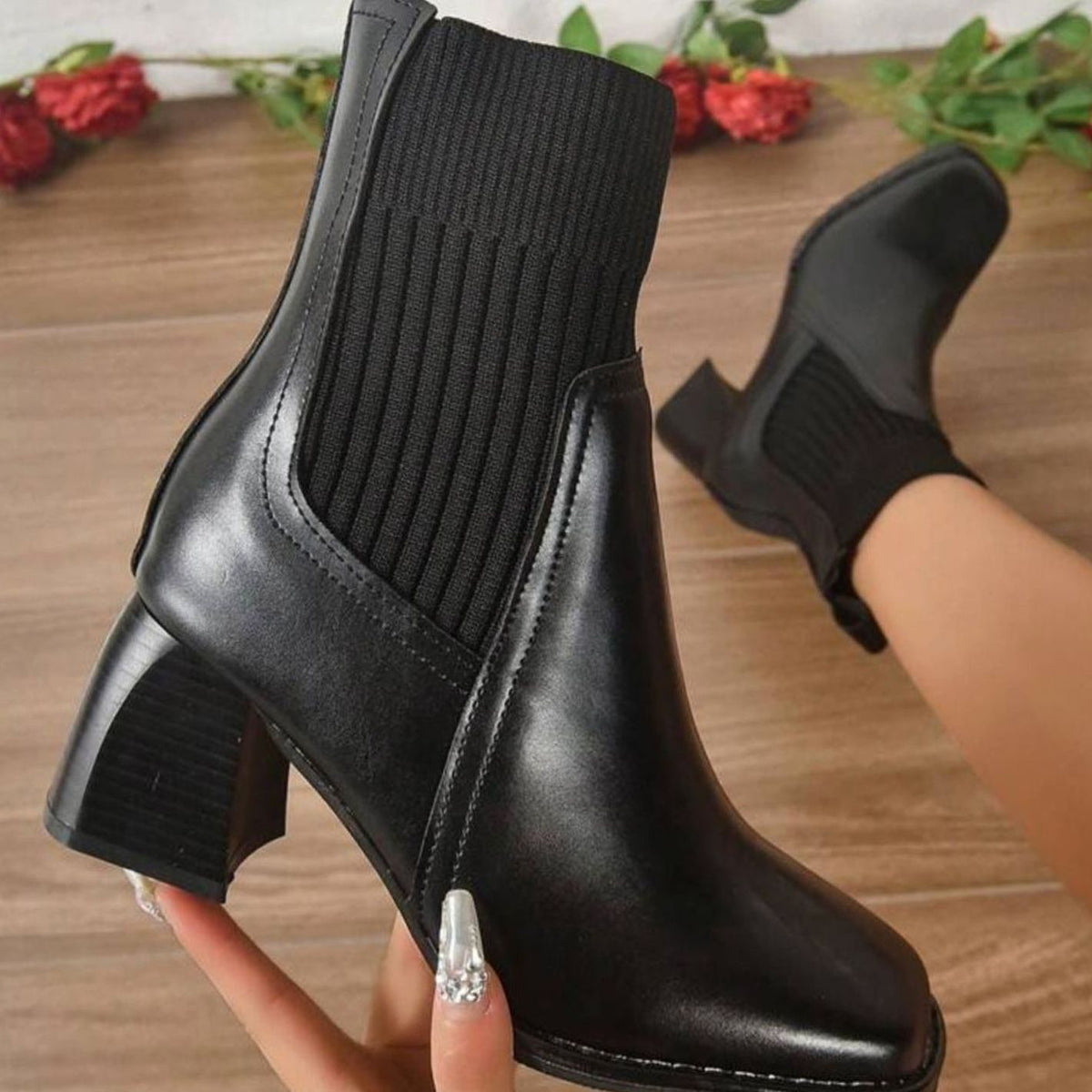 Women's Block-Heel Knit-Panel Slip-On Ankle Boots