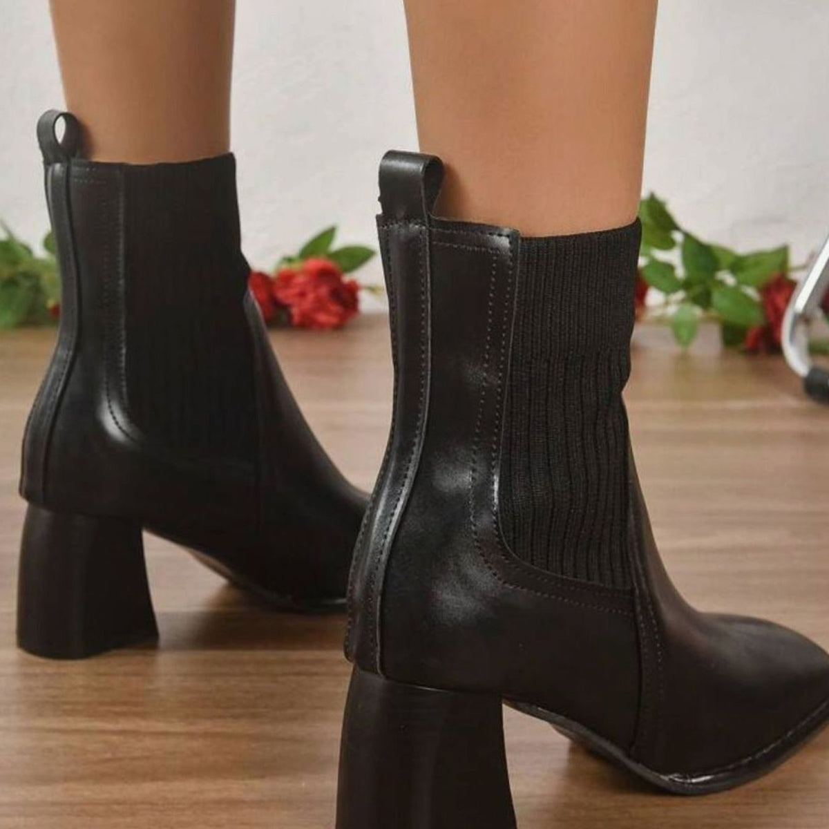 Women's Block-Heel Knit-Panel Slip-On Ankle Boots