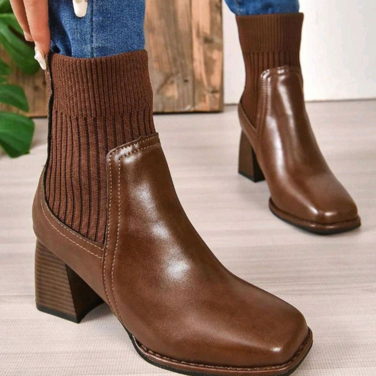 Women's Block-Heel Knit-Panel Slip-On Ankle Boots