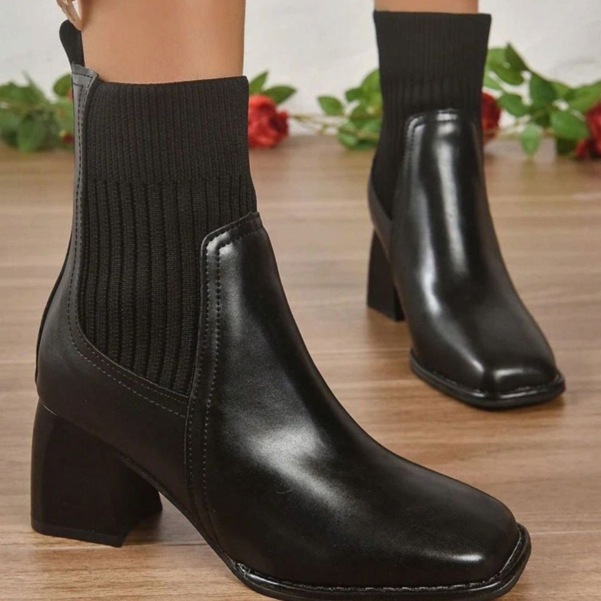 Women's Block-Heel Knit-Panel Slip-On Ankle Boots - Black