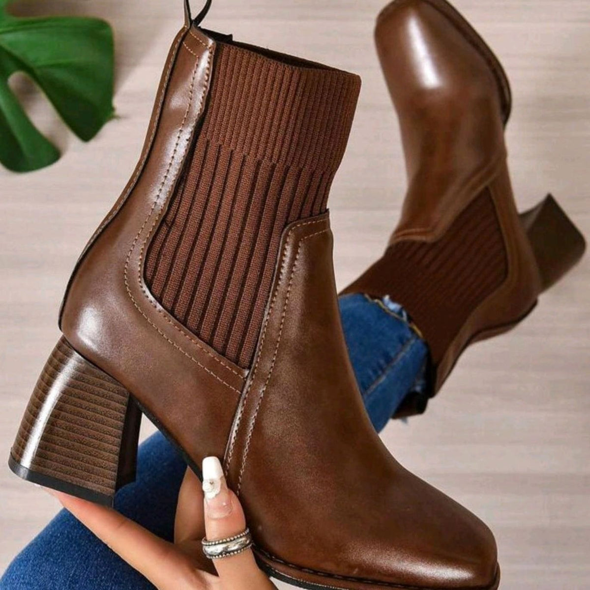 Women's Block-Heel Knit-Panel Slip-On Ankle Boots - Brown