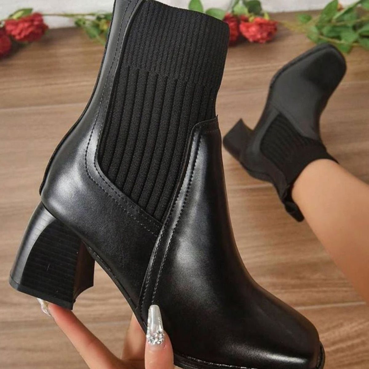 Women's Block-Heel Knit-Panel Slip-On Ankle Boots