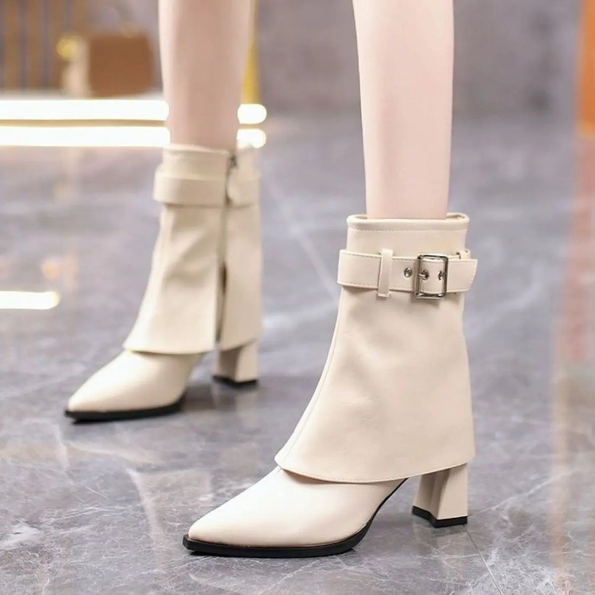 Women's Block-Heel Pointed-Toe Buckle Ankle Boots - Cream