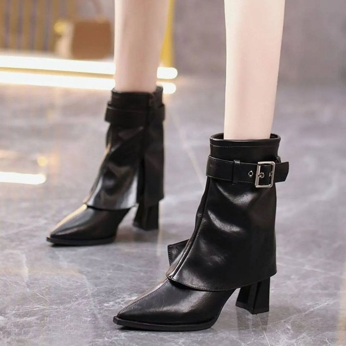 Women's Block-Heel Pointed-Toe Buckle Ankle Boots - Black