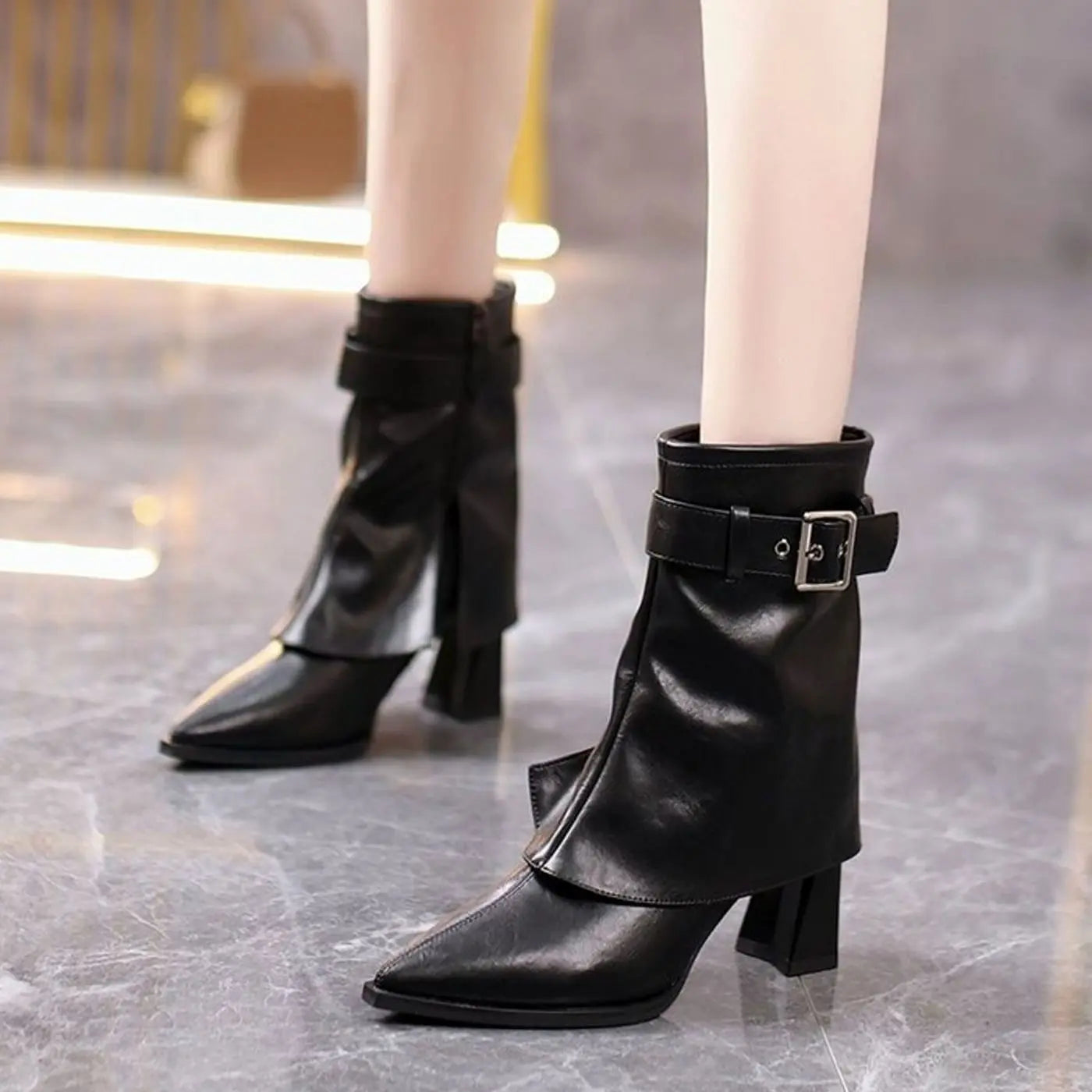 Women's Block-Heel Pointed-Toe Buckle Ankle Boots