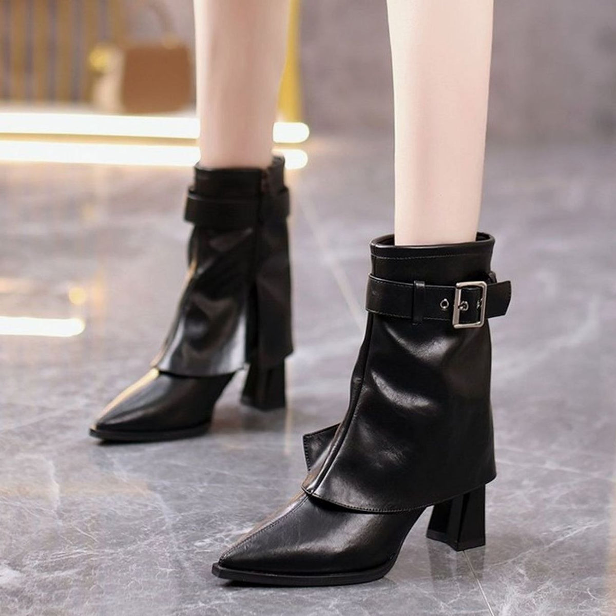 Women's Block-Heel Pointed-Toe Buckle Ankle Boots, Cream