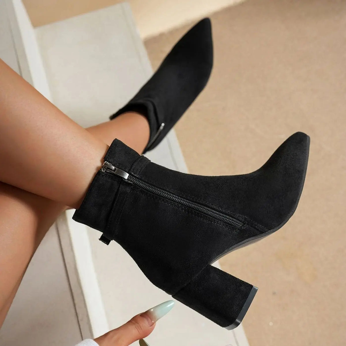 Women's Block-Heel Pointed-Toe Side-Zip Ankle Boots - Black