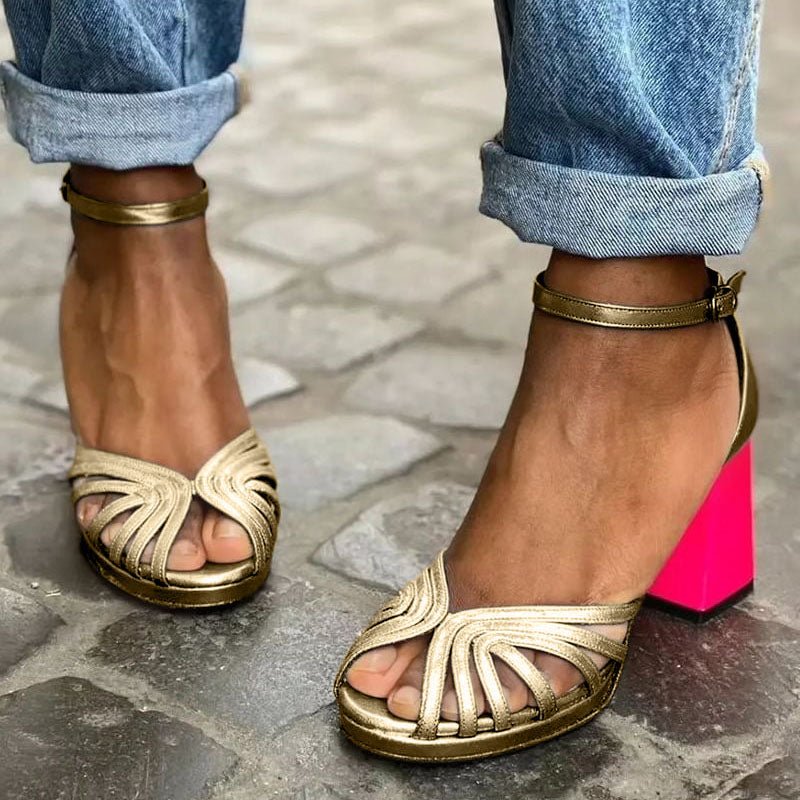 Women's Block Heel Sandals Multi-Strap Ankle Buckle - Gold