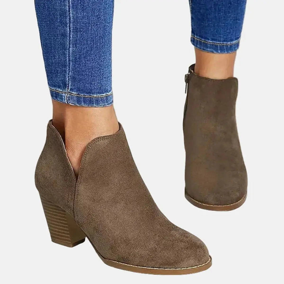 Women's Block Heel Suede Ankle Boots Side Zip