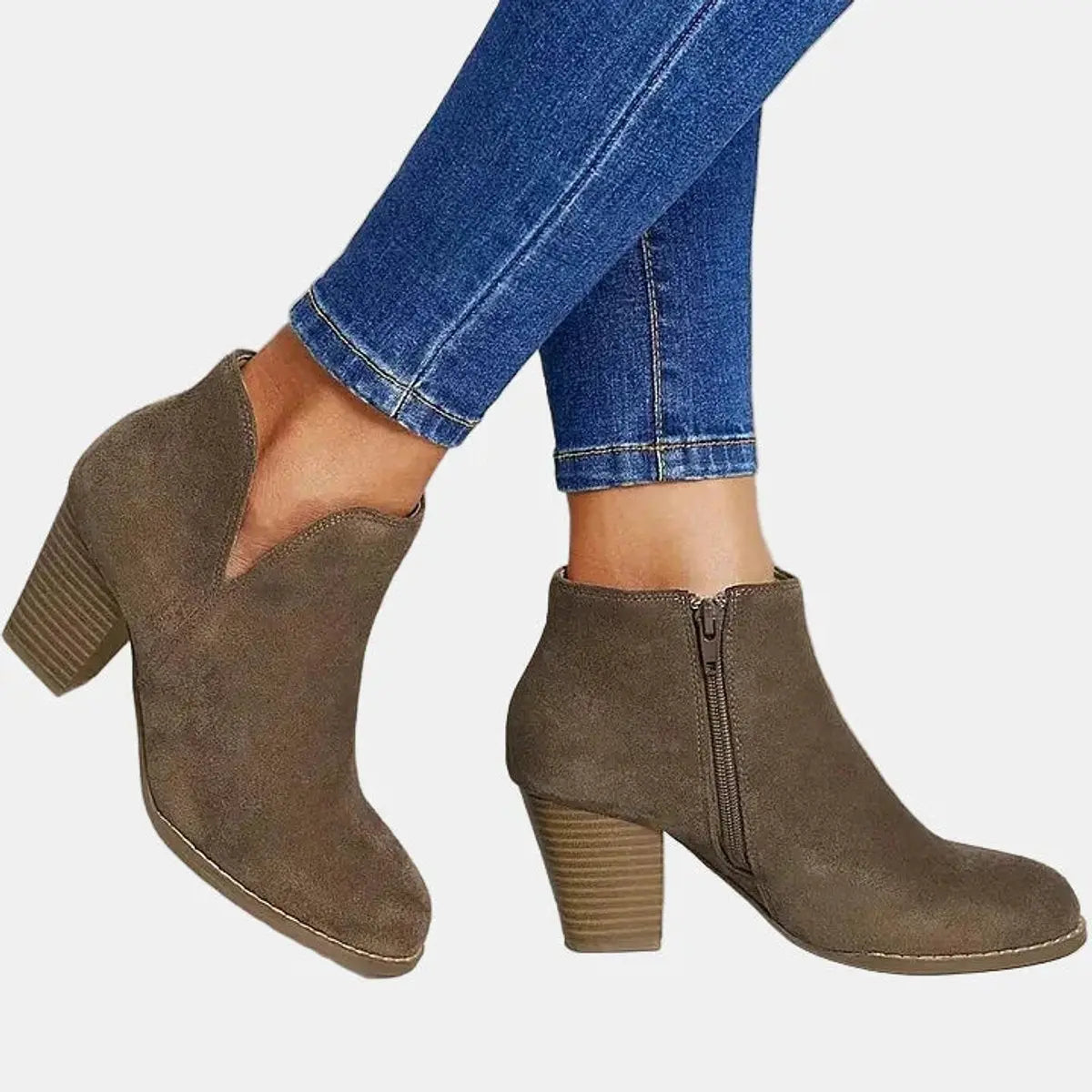 Women's Block Heel Suede Ankle Boots Side Zip