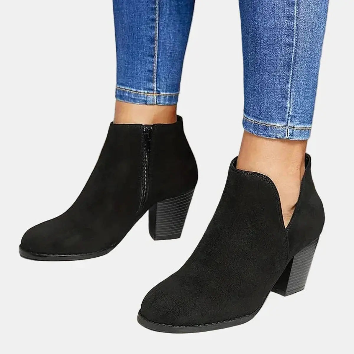 Women's Block Heel Suede Ankle Boots Side Zip - Black