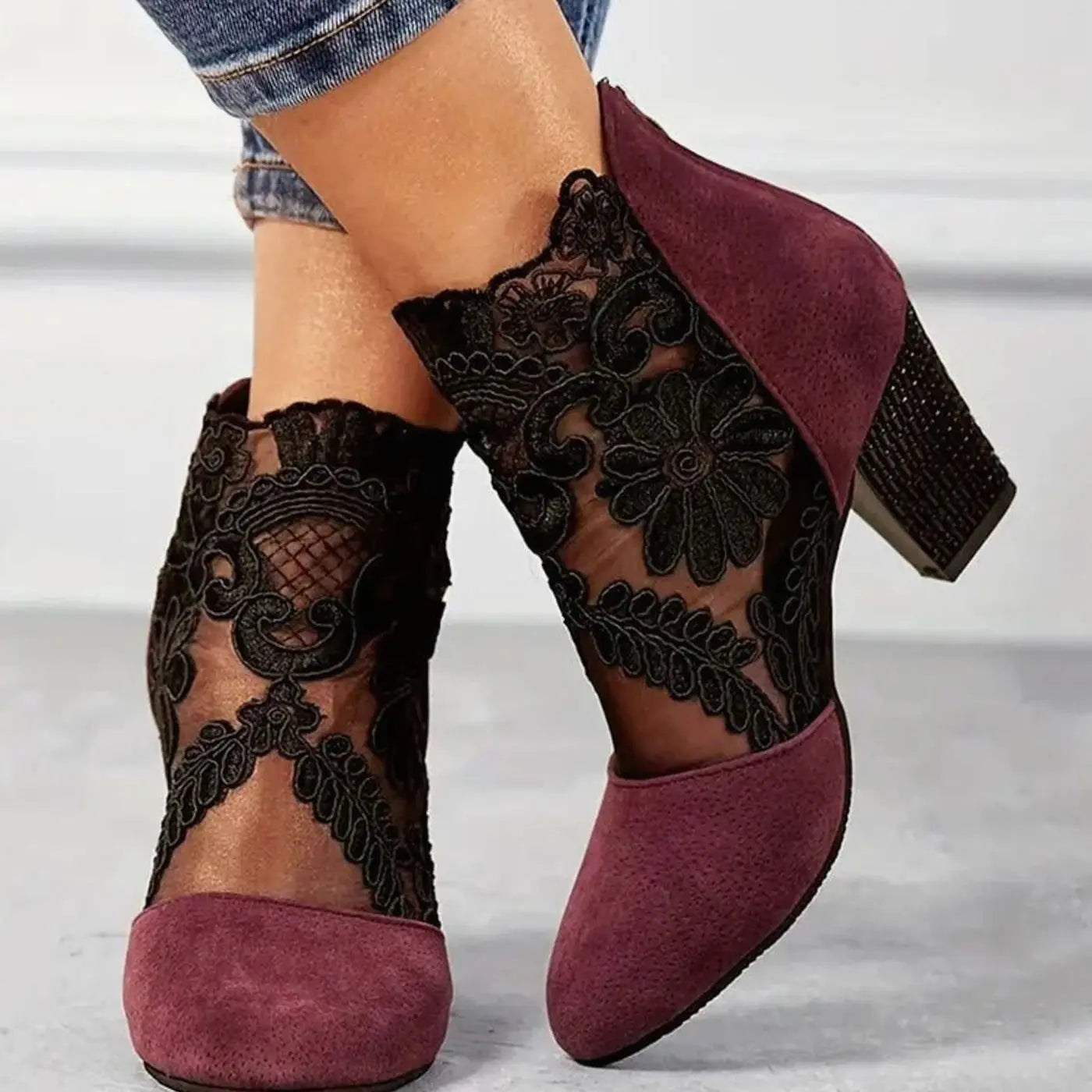 Women's Block Heels Floral Lace Suede Ankle Boots