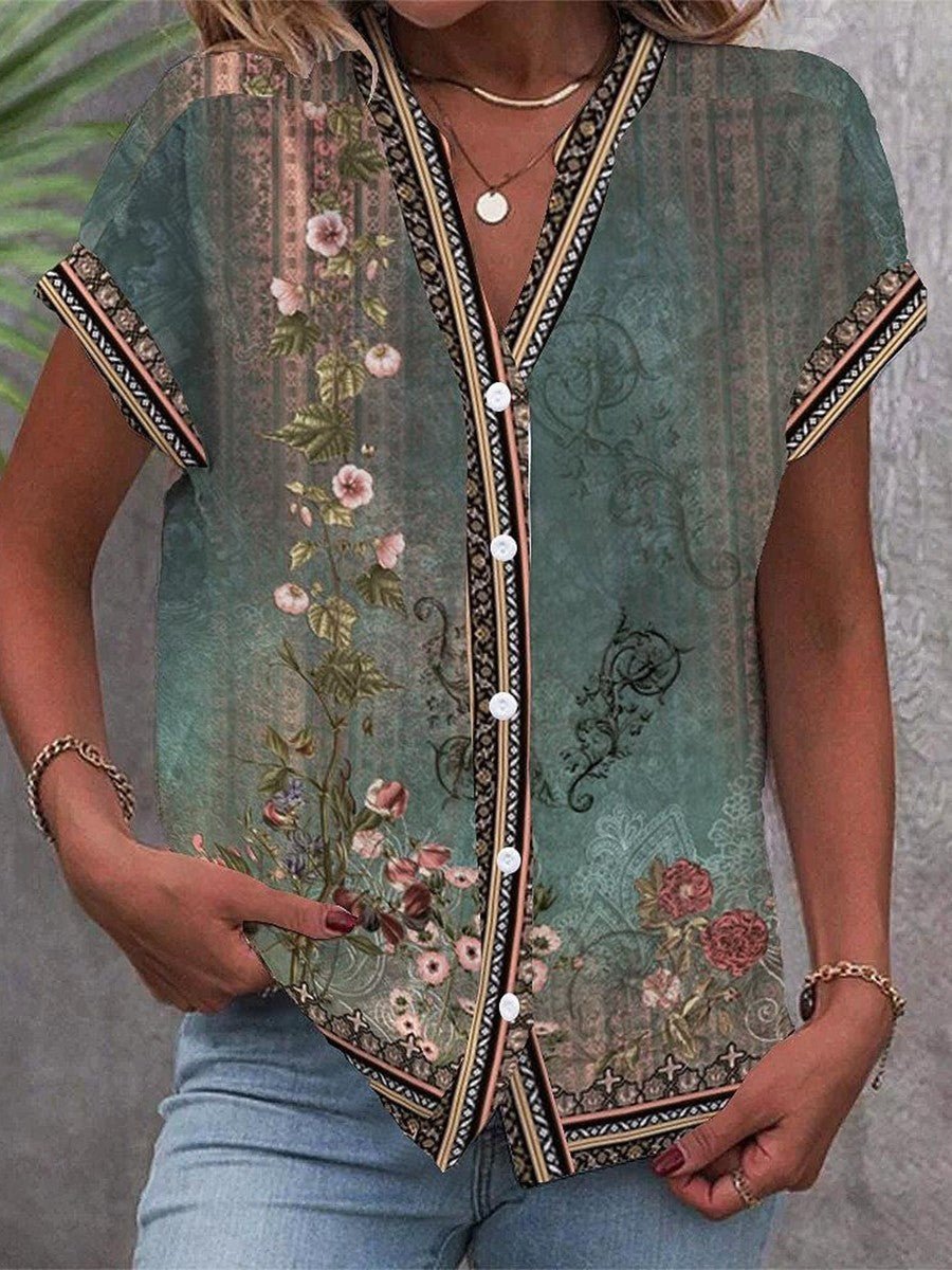 Women's Bohemian Floral V-Neck Blouse Short Sleeve