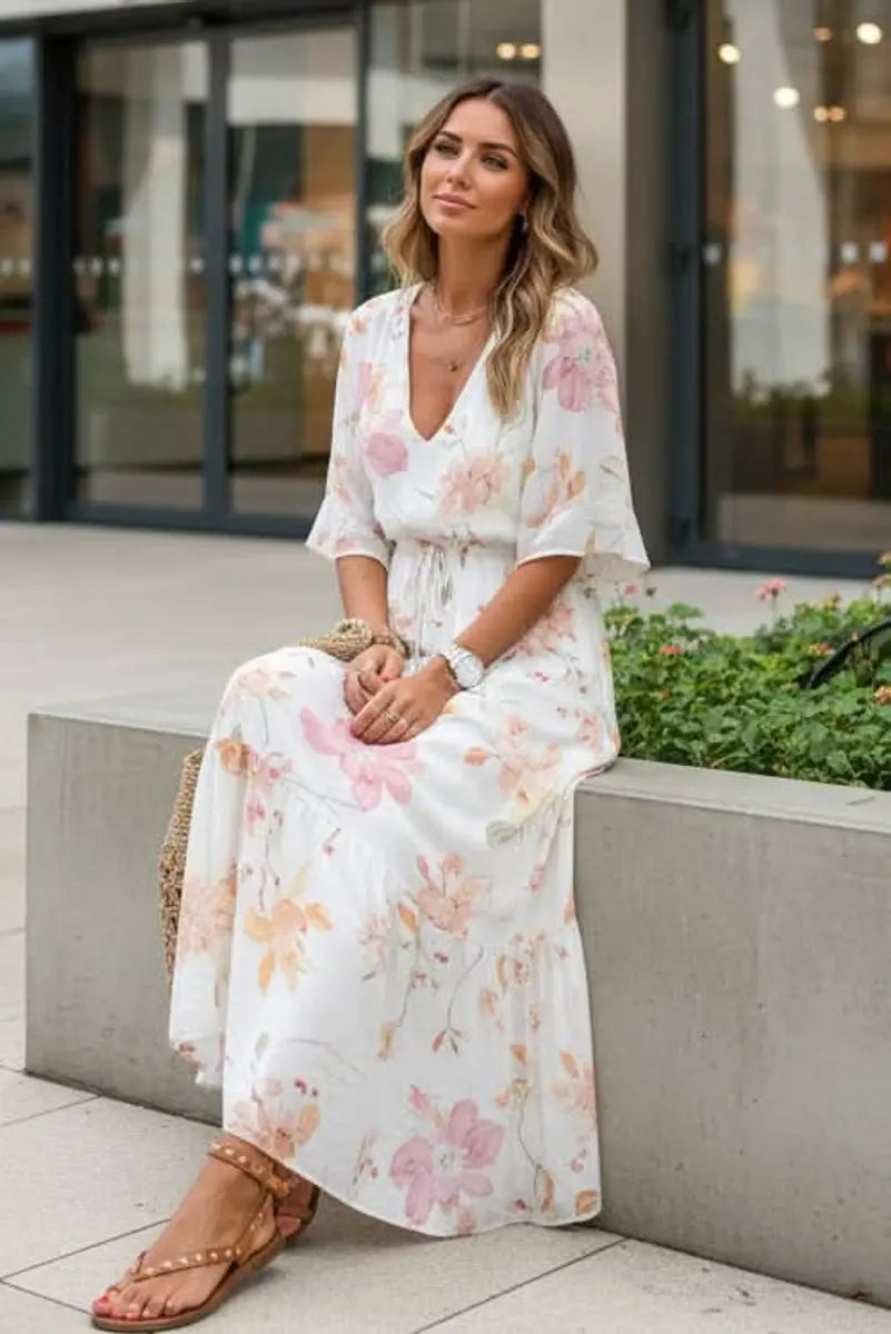 Women's Boho Floral Maxi Evening Gown V-Neck Adjustable Waist